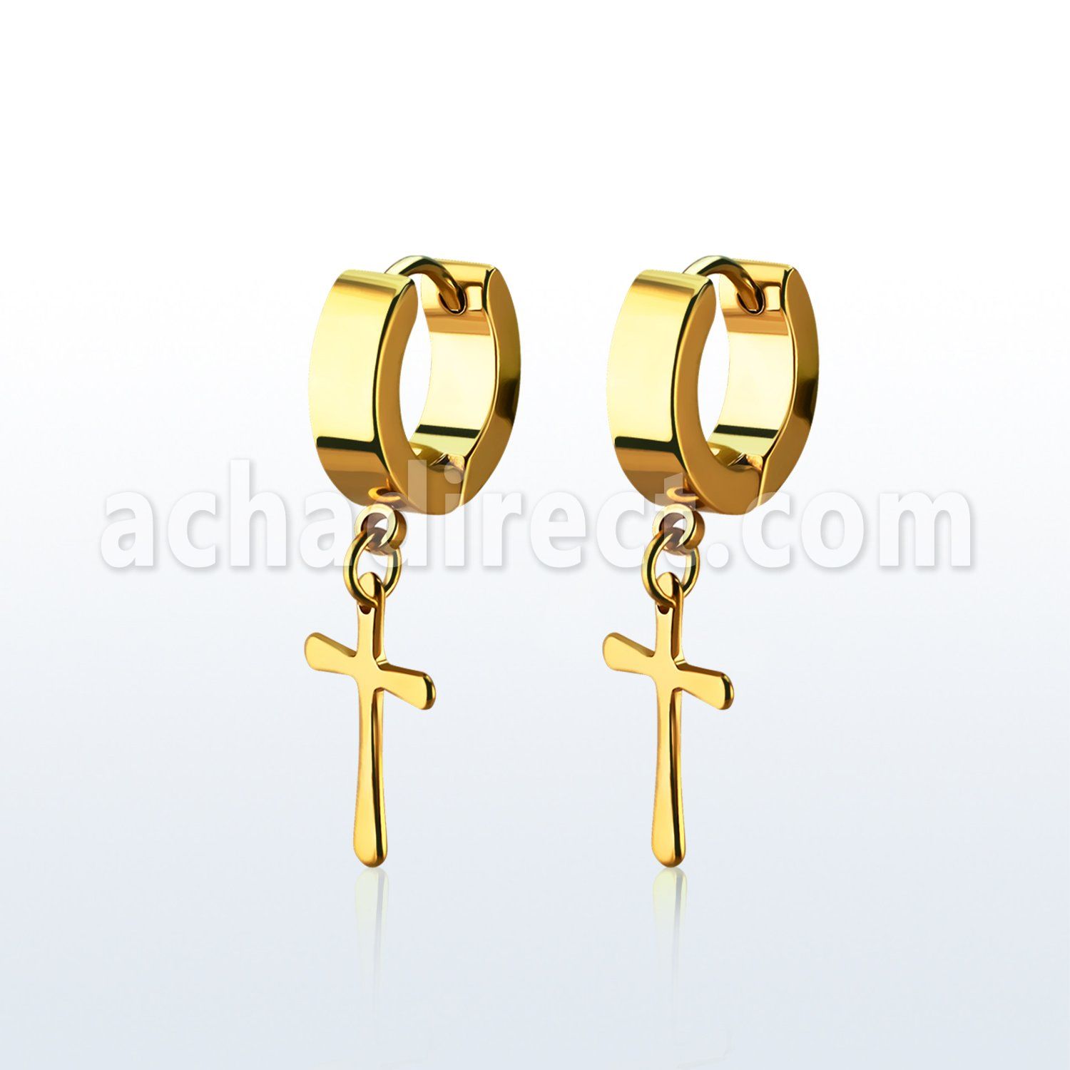 ergcrs gold stainless steel huggies w dangling plain cross
