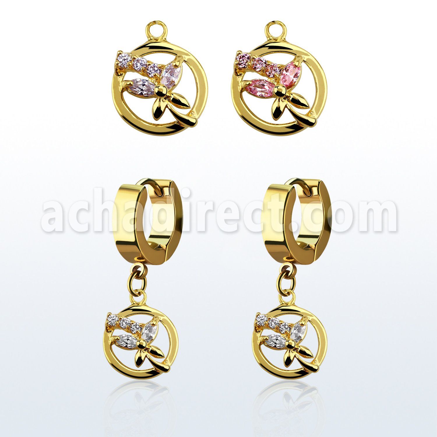 ergz520 gold steel huggies earrings w dangling circle butterfly