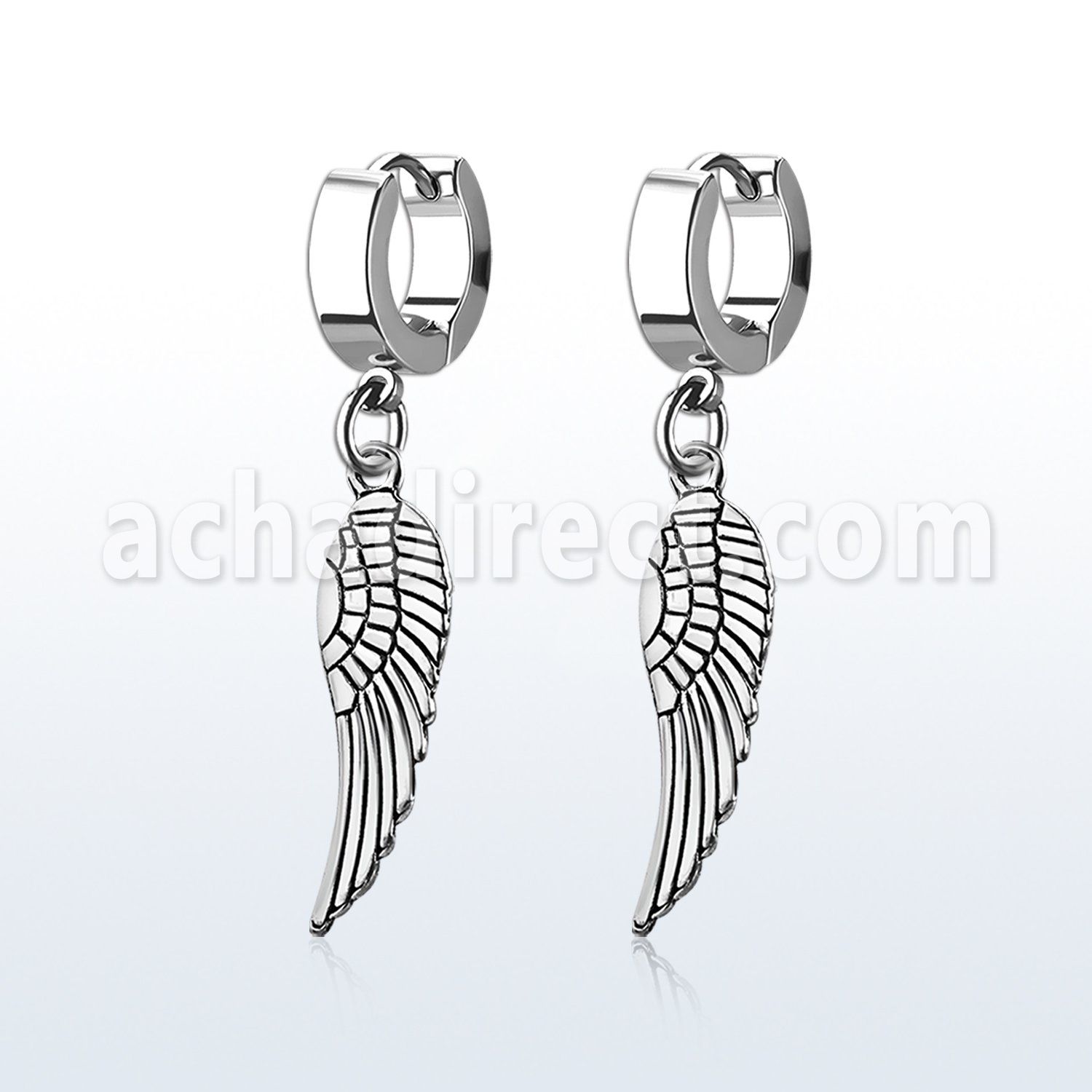 erh653 steel huggies earrings w a dangling plain bird wing 