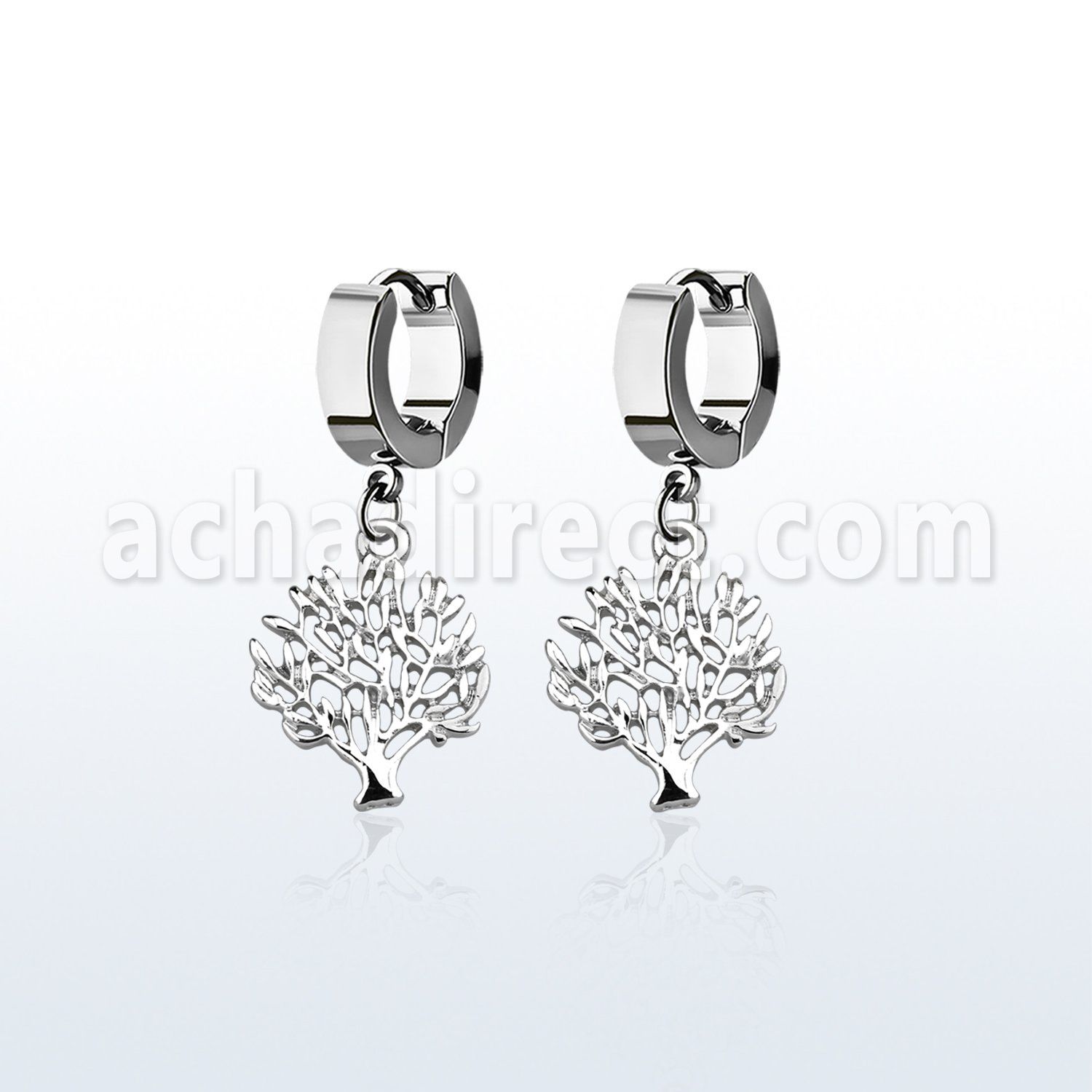 erh697 steel huggies earrings w dangling tree of life design