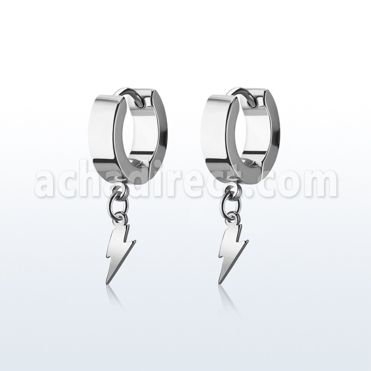 erhlit pair of steel huggies earrings w dangling lightning sign