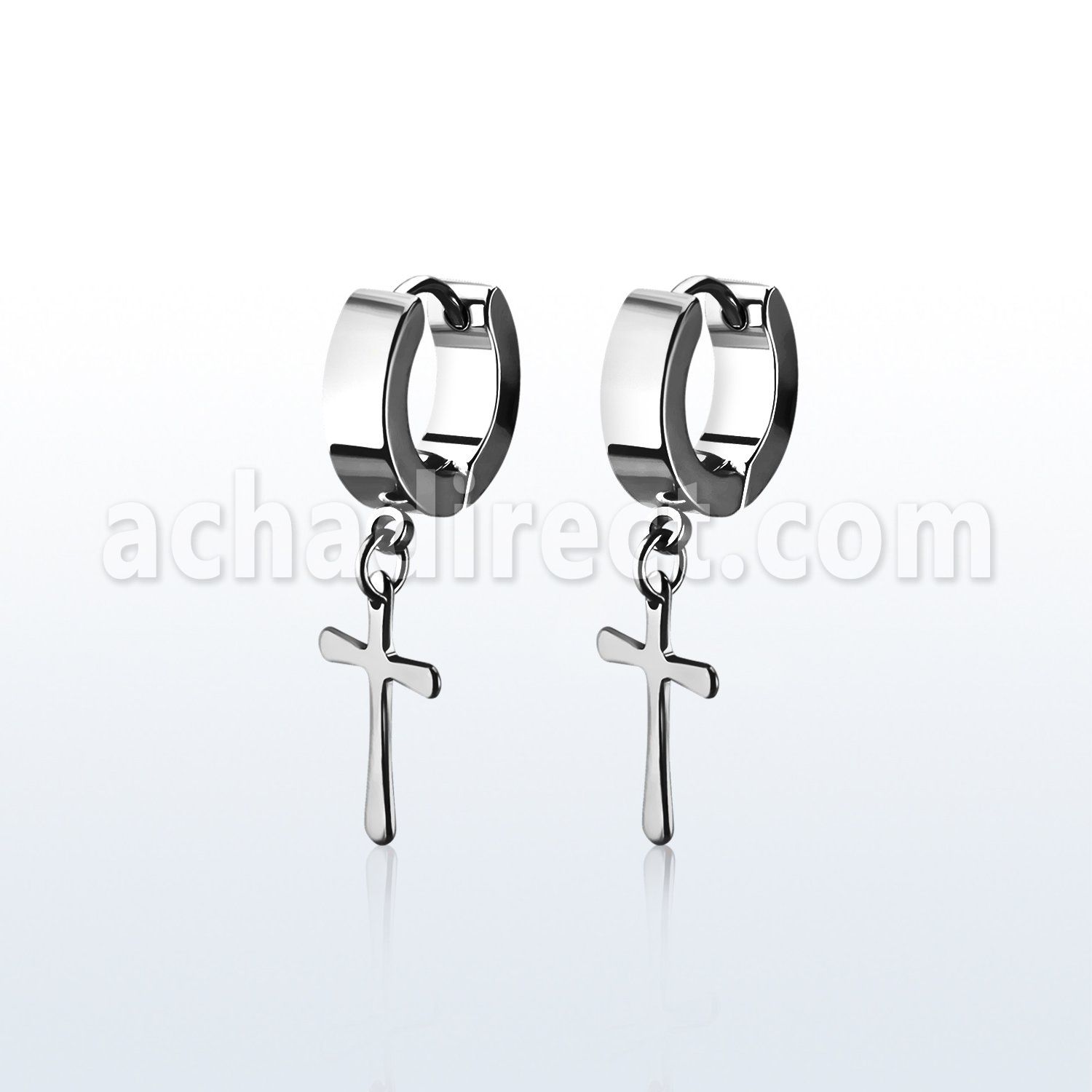 erhscrs steel huggies earrings w dangling small steel cross
