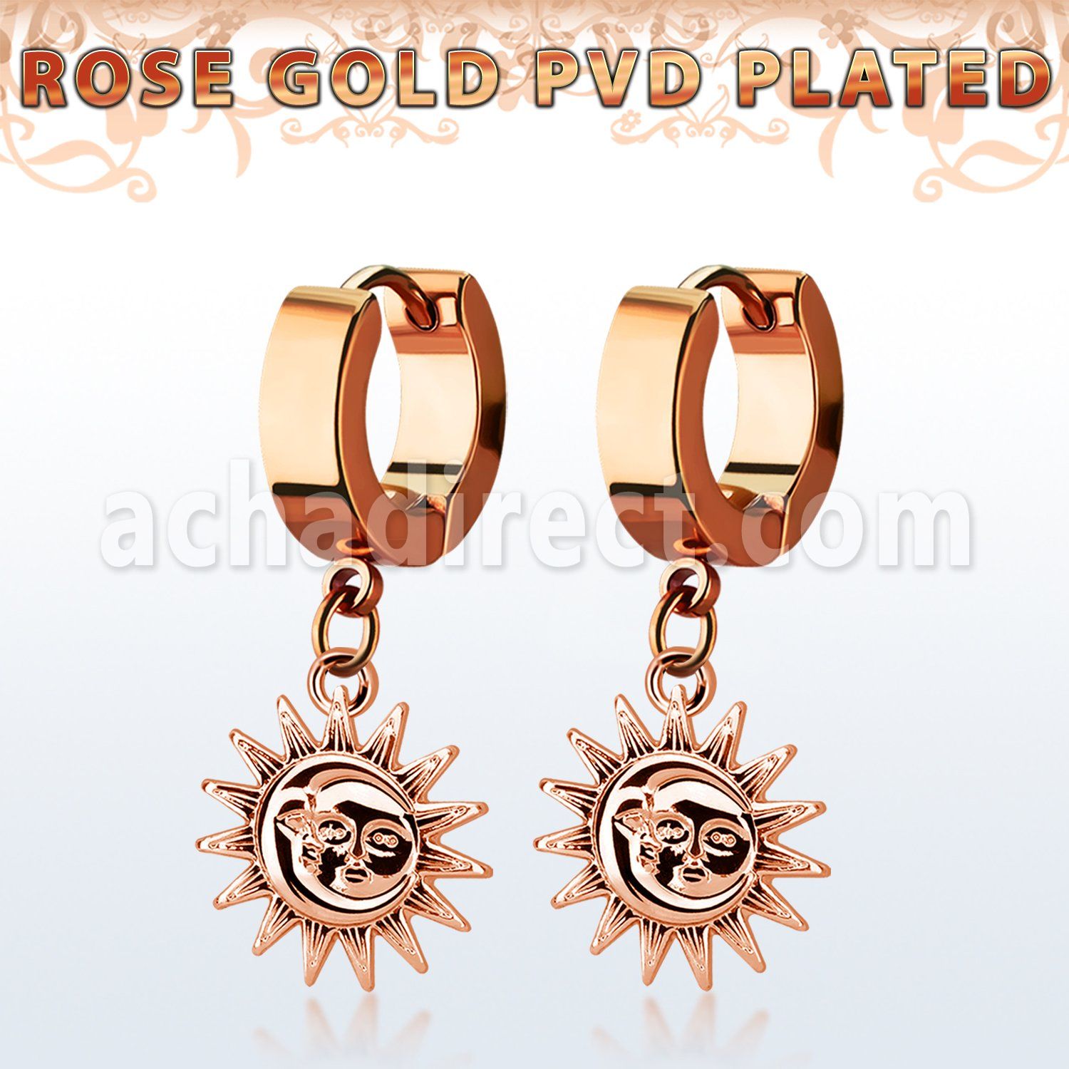 err726 rose gold stainless steel huggie earring w dangling sun 