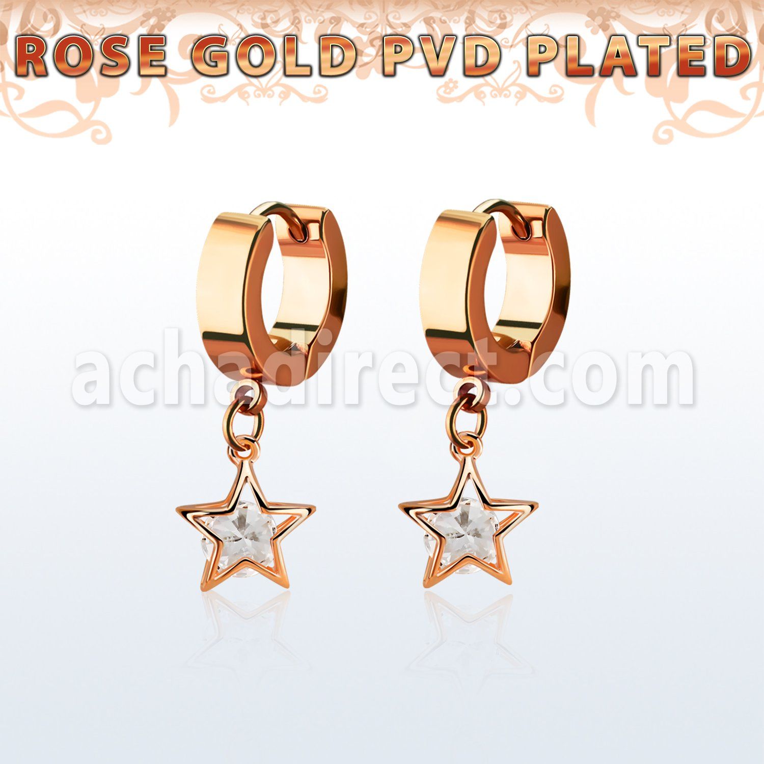 errz414 rose gold steel huggies earrings w dangling star w cz