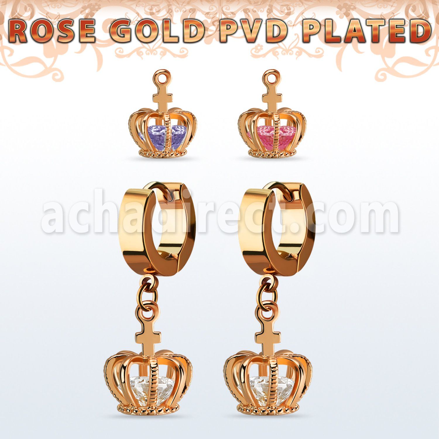 errz590 rose gold stainless steel huggie w dangling crown w cz