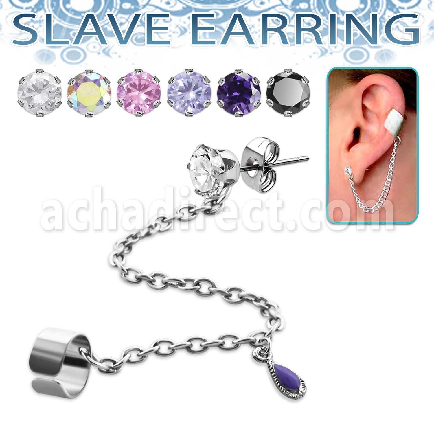 erzdld10 steel slave ear stud w prong cz w dangling tear drop