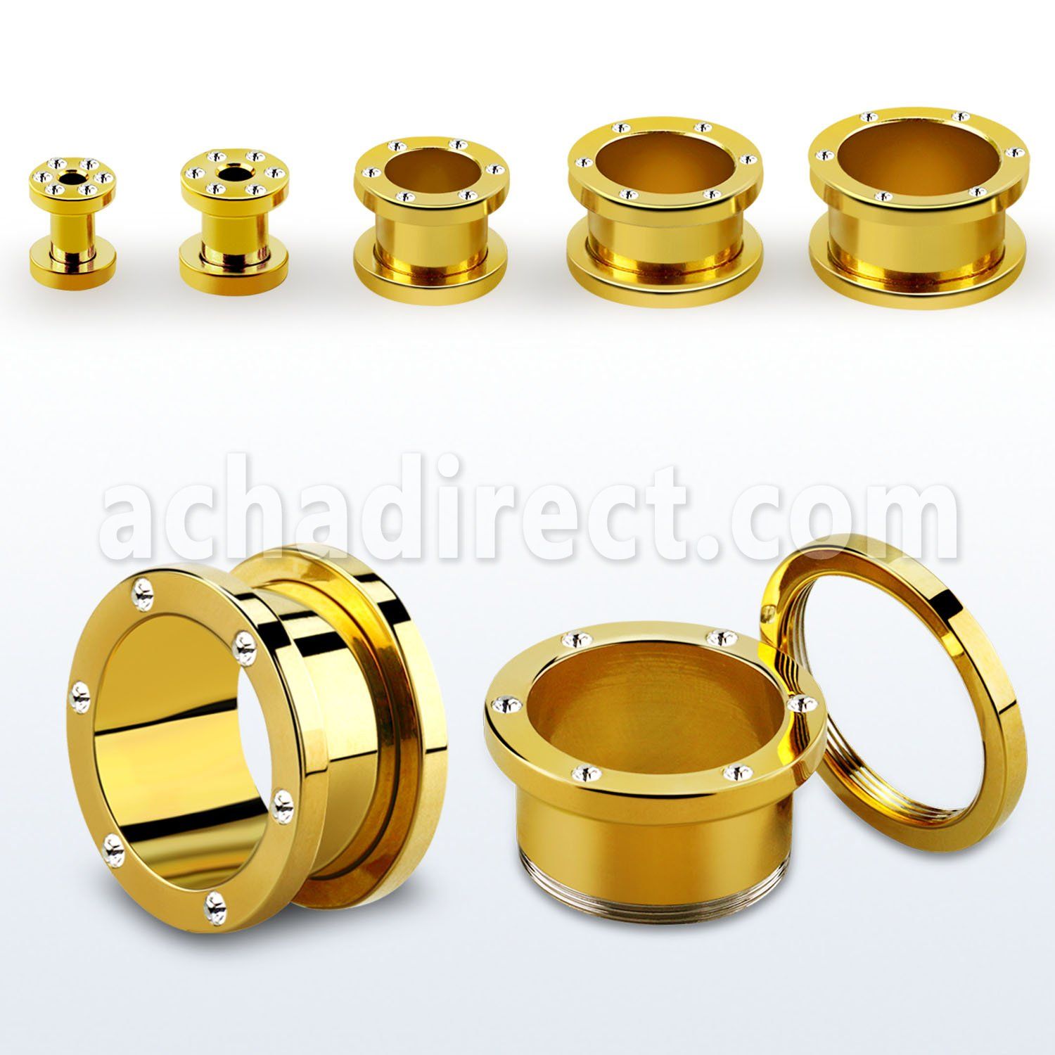 fsjg gold anodized steel screw fit flesh tunnel w crystal