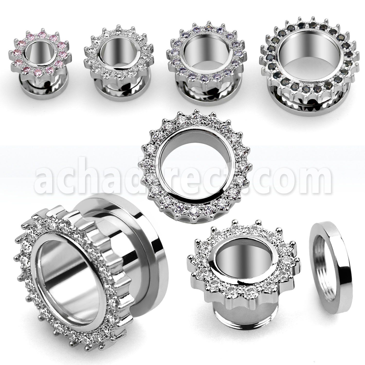 fspcz 316l steel flesh tunnel w rim of prong set cz stones