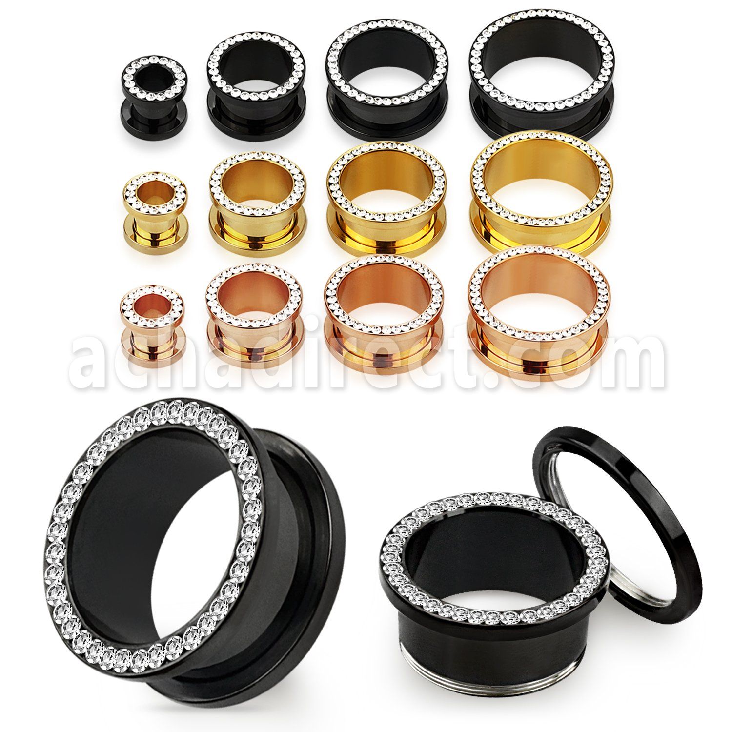 ftscpc pvd 316l steel flesh tunnel with crystal studded rim