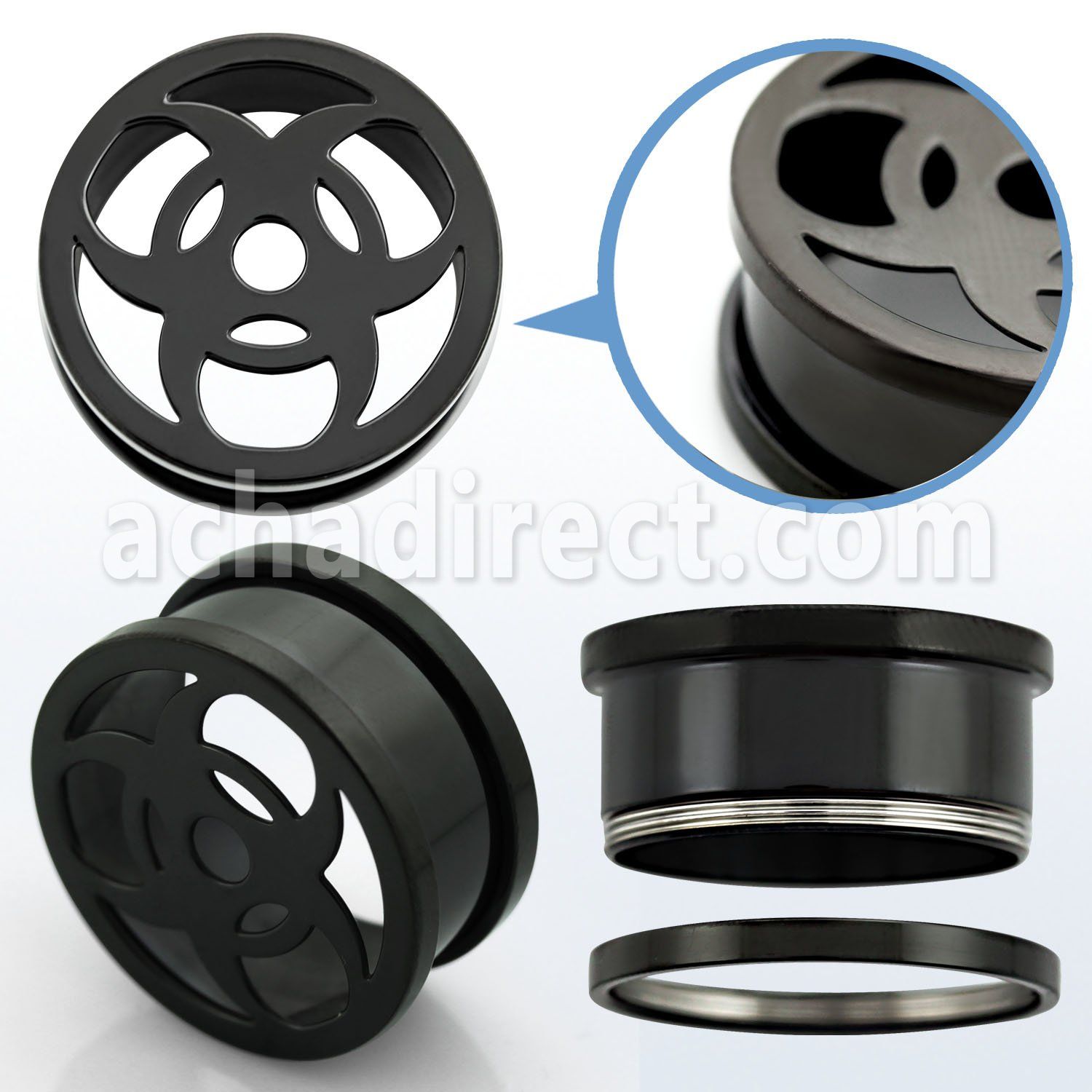 ftsha black pvd steel screw fit flesh tunnel with bio hazard