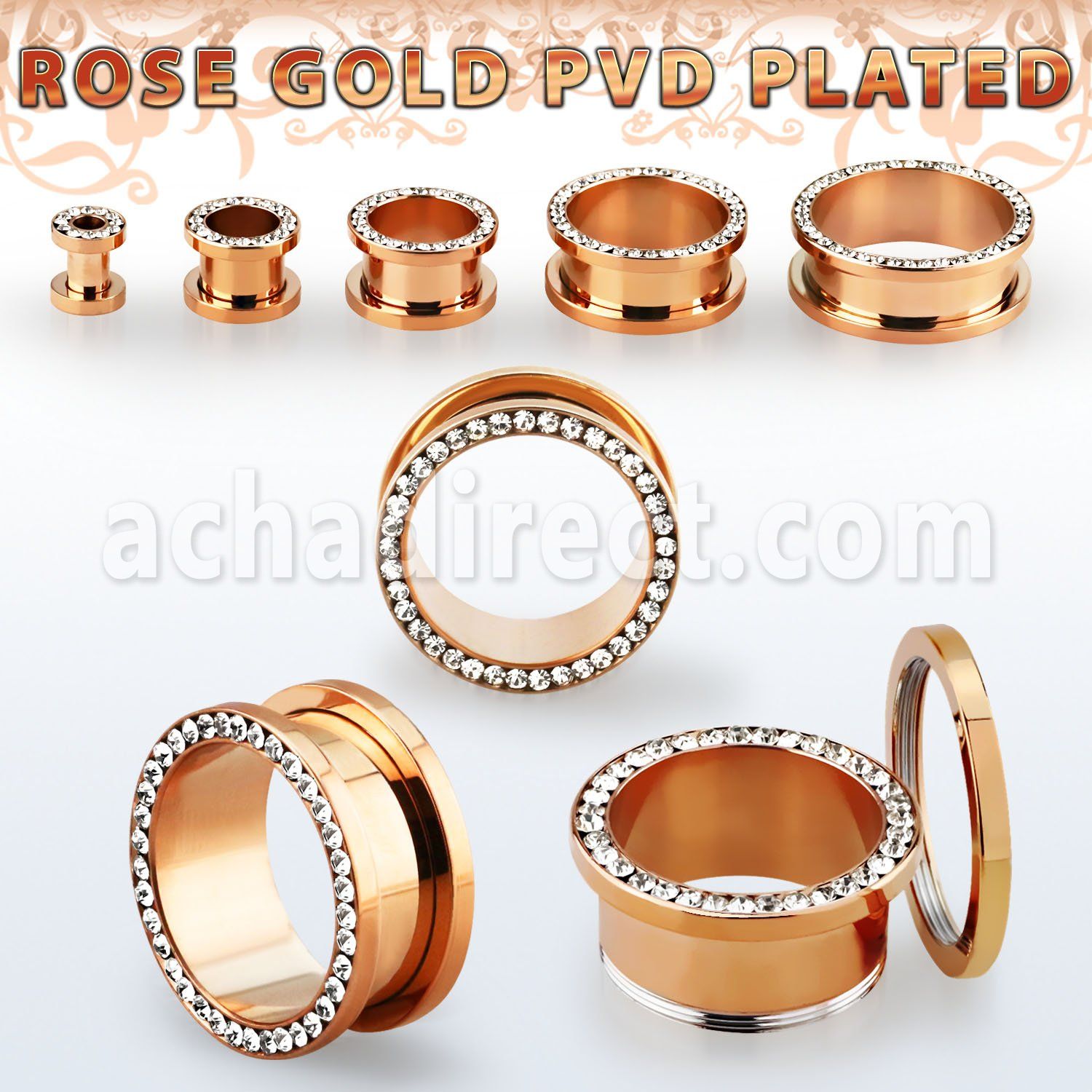 fttscpc rose gold pvd plated 316l steel flesh tunnel w crystals