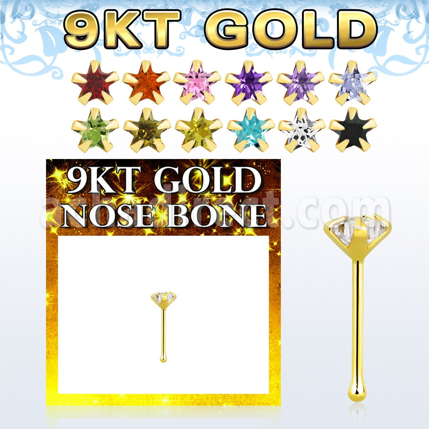 g9nbsm1 9kt gold nose bone, 22g  w 3mm prong set star cz