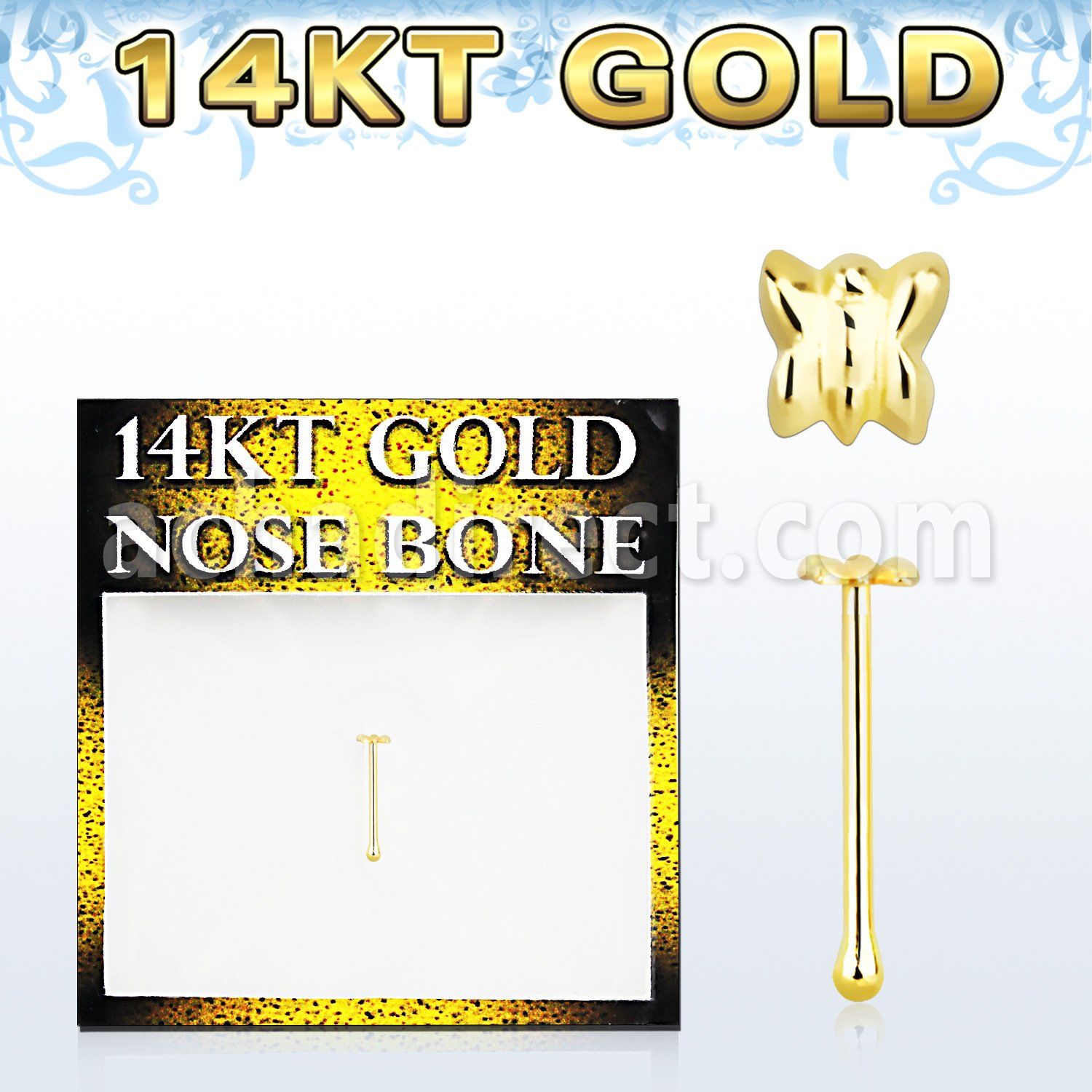 gbbt 14kt gold nose bone with a 2 5mm butterfly shaped top