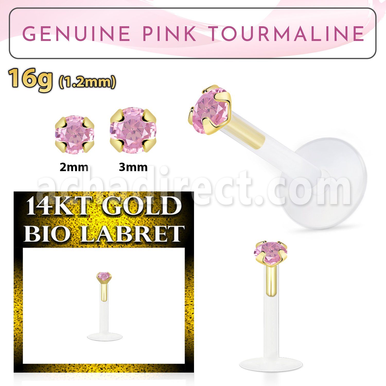 gbige3 bioflex labret with 14kt gold w prong pink tourmaline