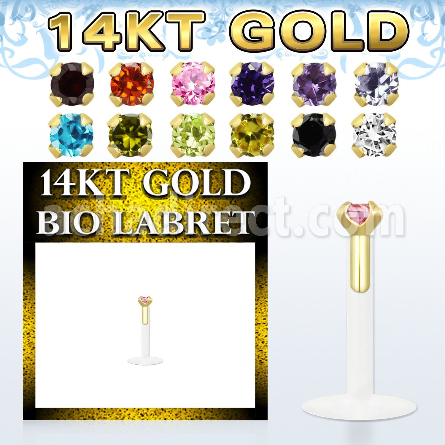 gbilzm bioflex labret with push in 14kt gold w round prong cz