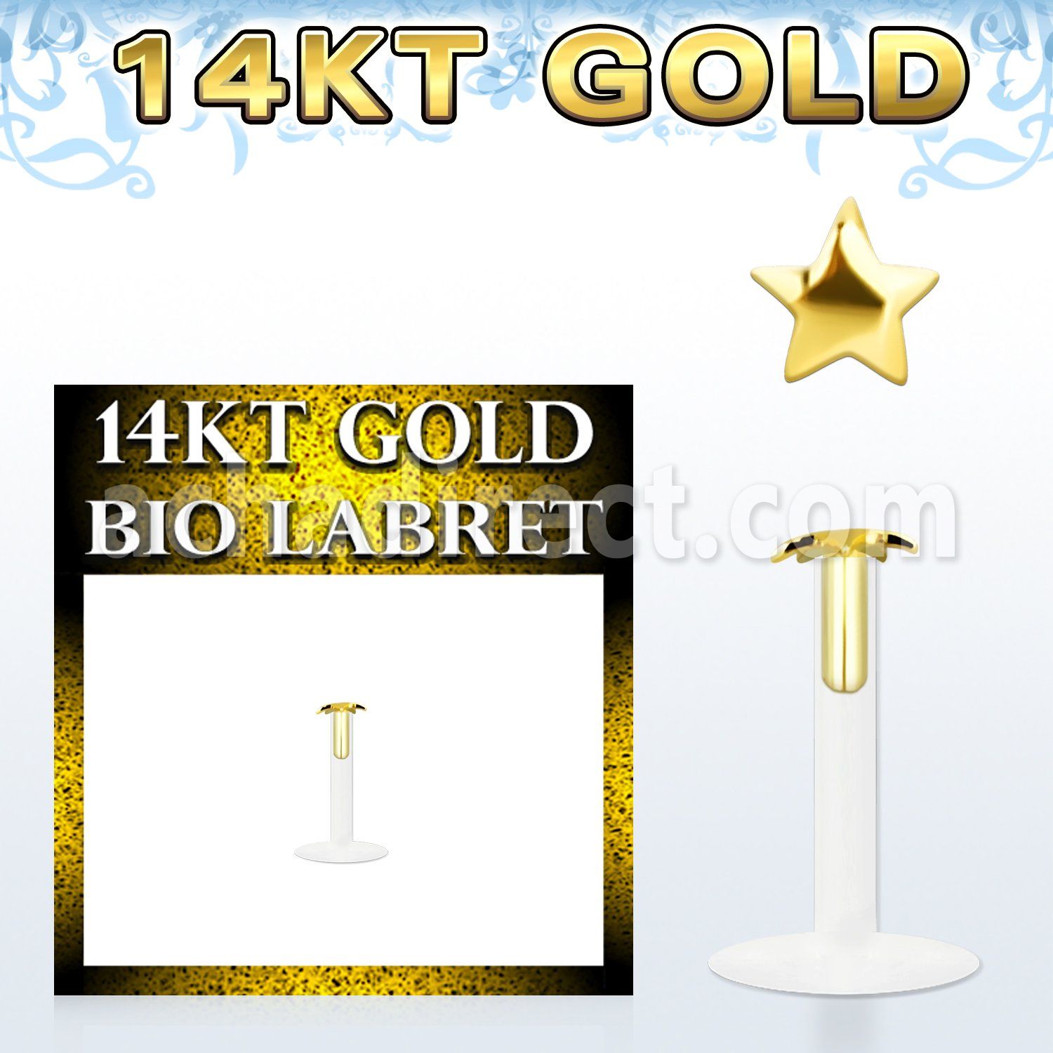 gbist clear bioflex labret with push in 14kt gold star top