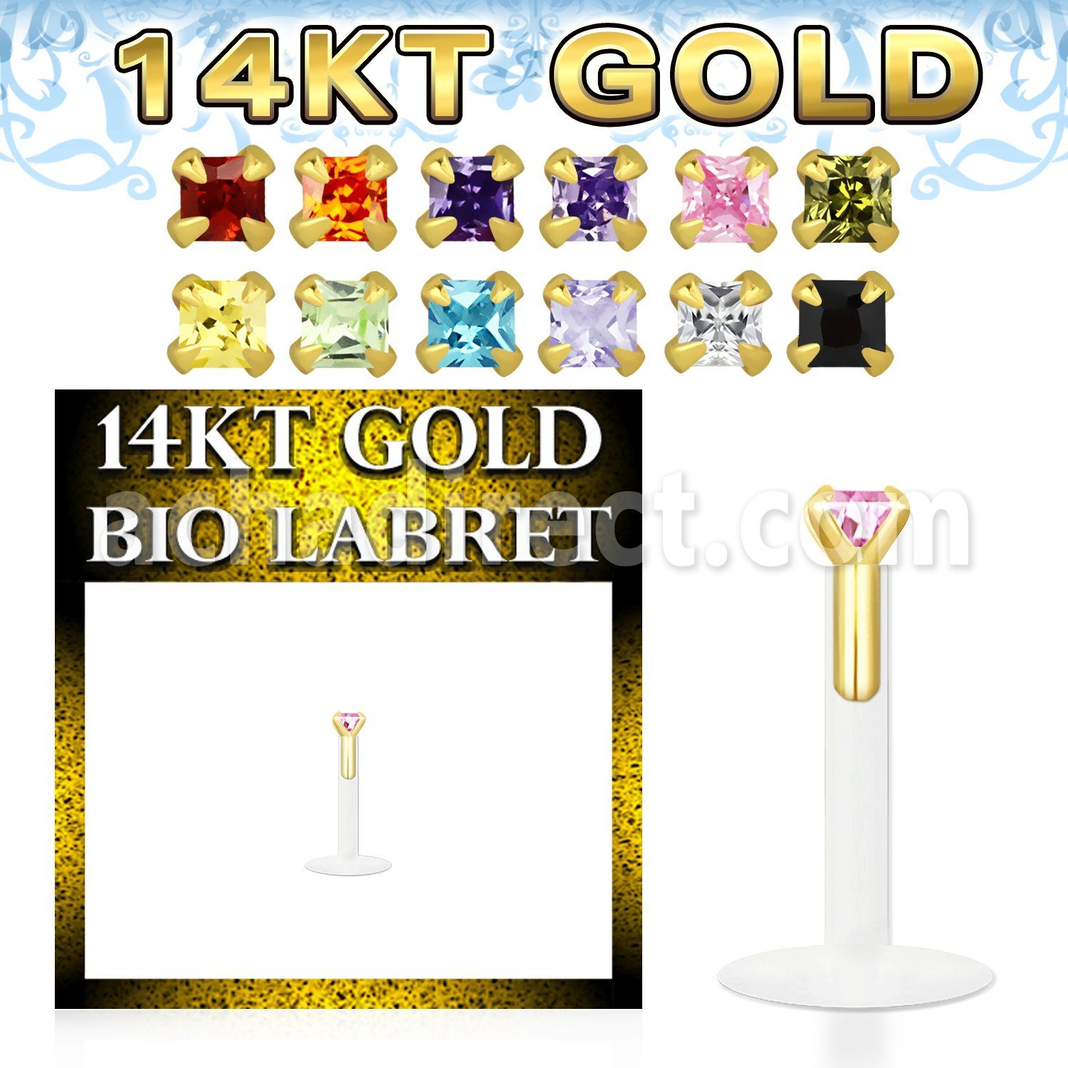gbizqm bioflex labret with push in gold w square prong set cz