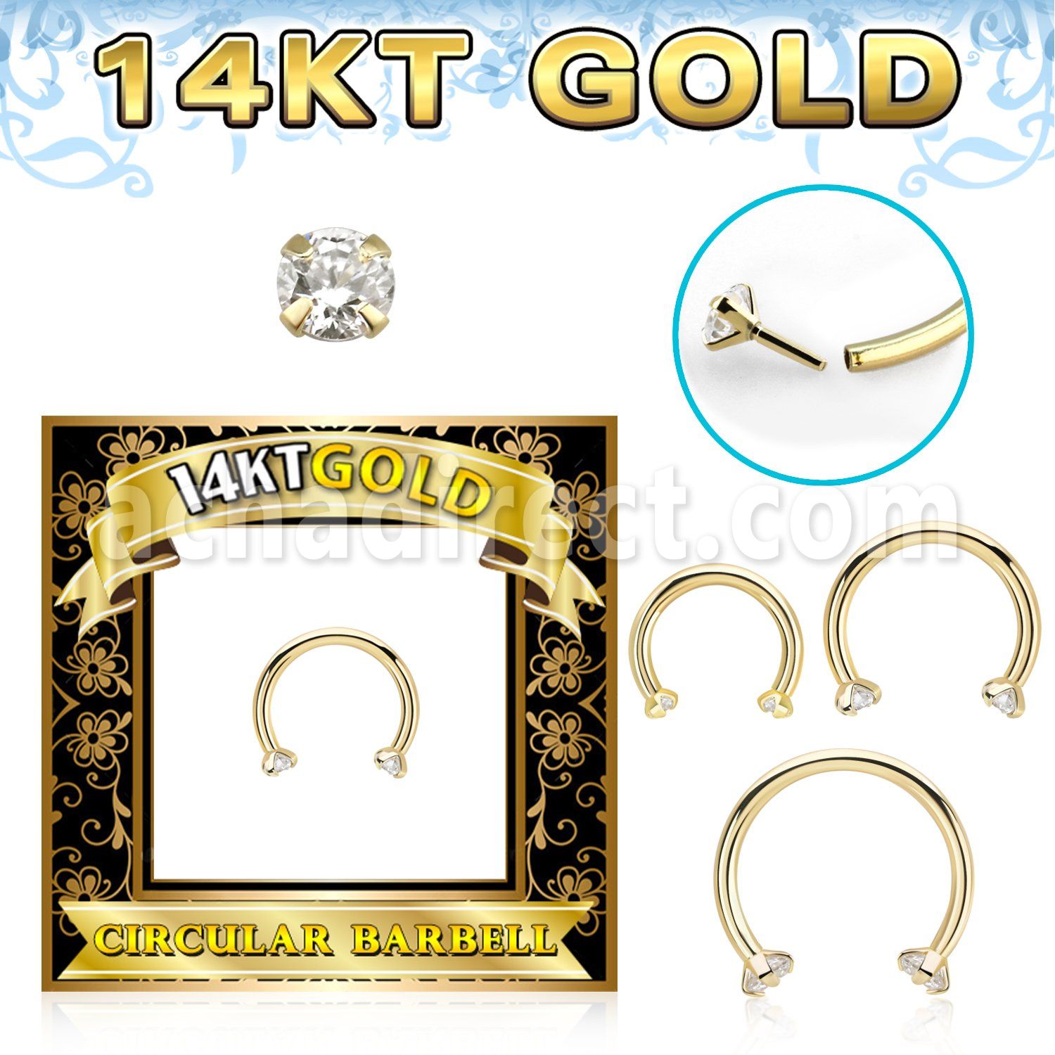 gcbz 14k gold circular barbell 16g threadless push pin cz