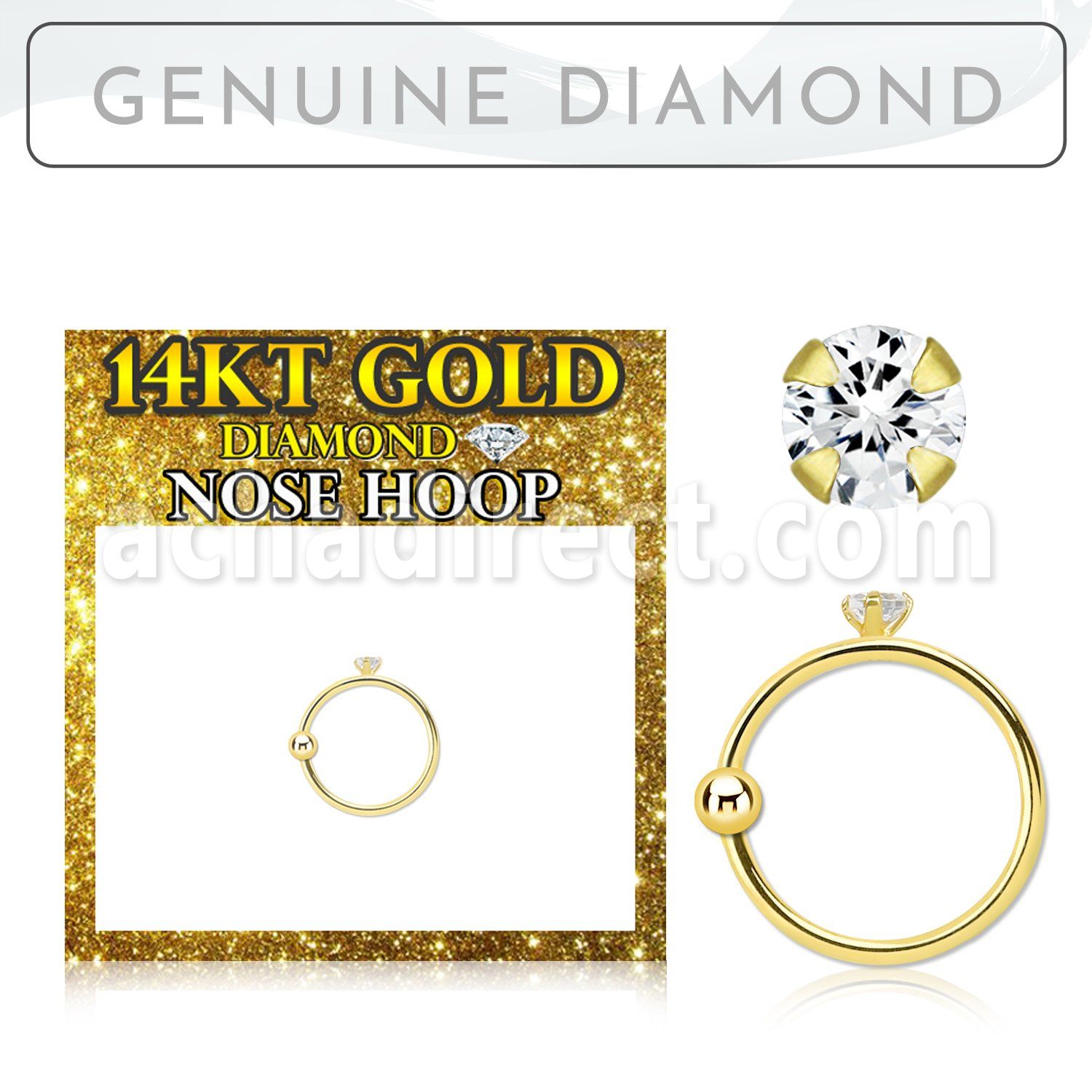 ghdi 14k gold nose hoop with 15mm prong set real diamond