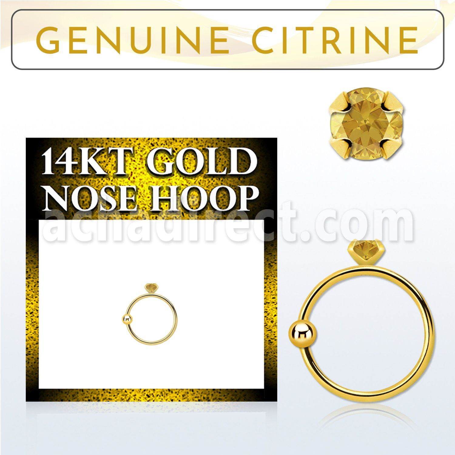 ghge6 14kt gold nose hoop w a 2mm prong set citrine stone