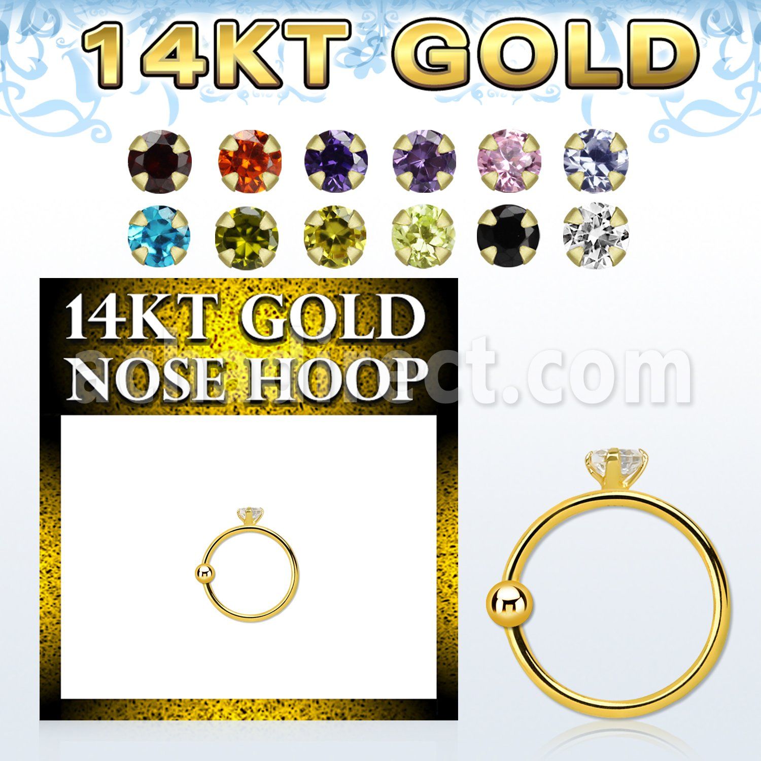 ghz15 14kt gold nose hoop w a 1.5mm prong set round cz