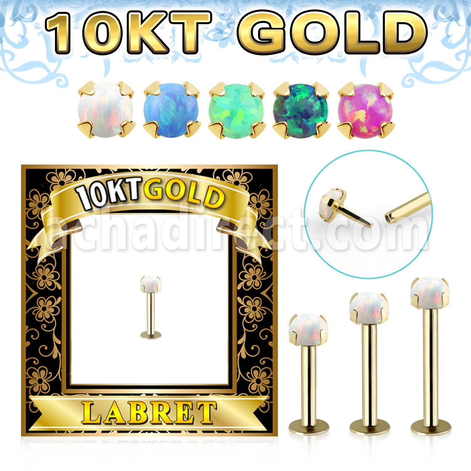 gilbo 10k gold labret w thread less top w synthetic opal