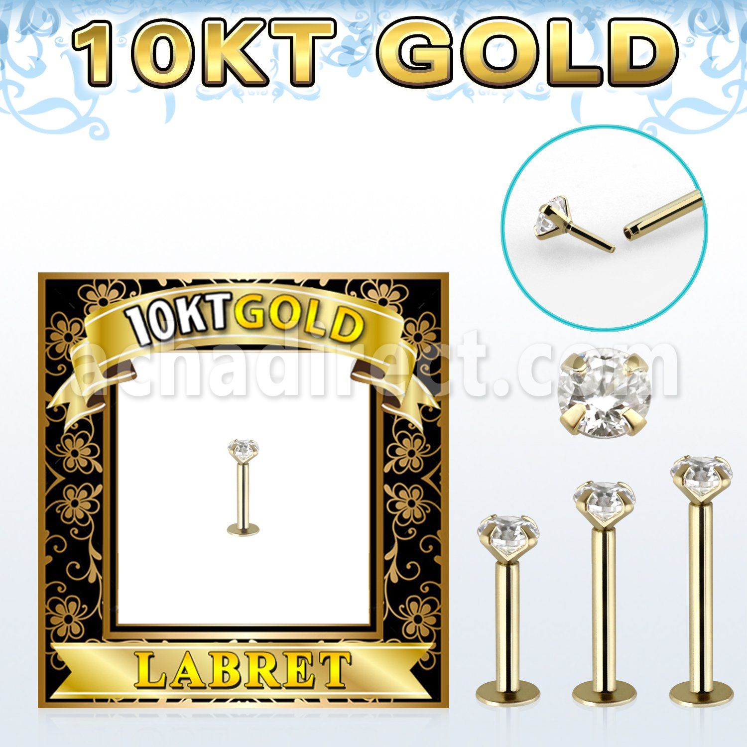 gilbz solid 10k gold labret w thread less push in top w cz