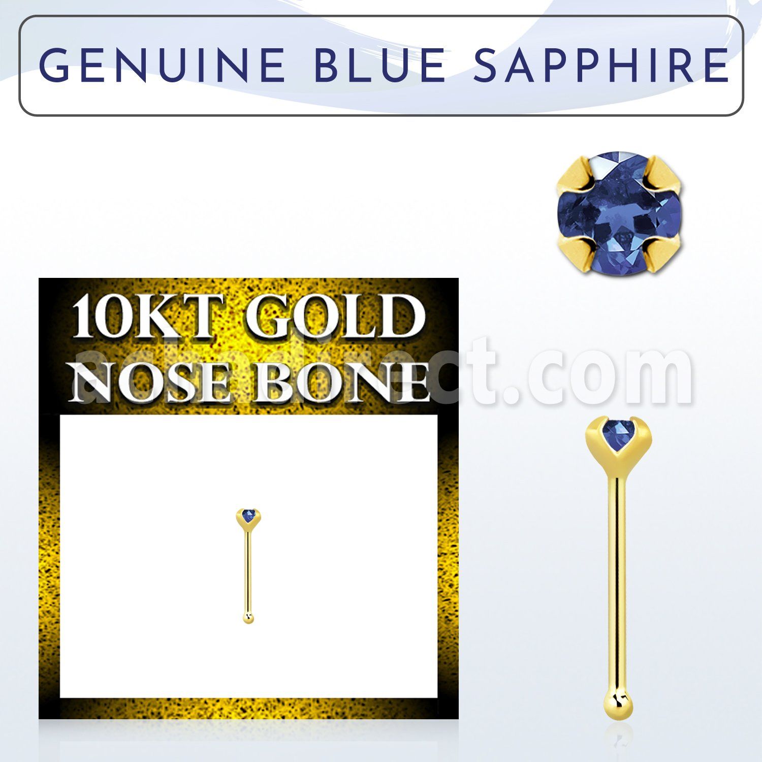 ginbge9 10kt gold nose bone with a 2mm prong set blue sapphire