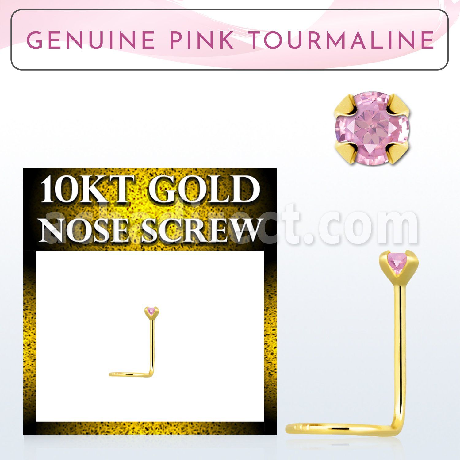 giscge3 10kt gold nose screw with 2mm prong set pink tourmaline