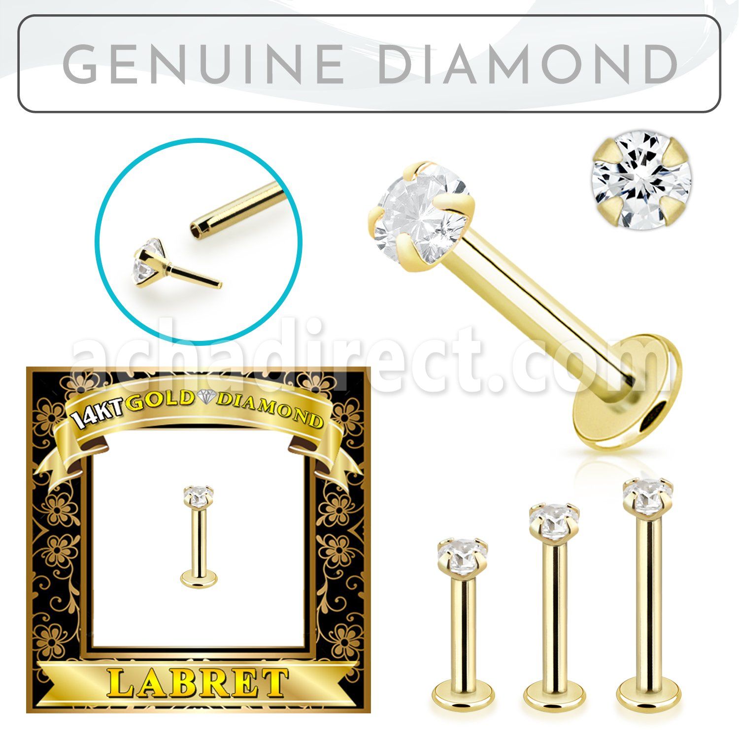 glbdi25 14k gold labret 2.5mm prong set round diamond