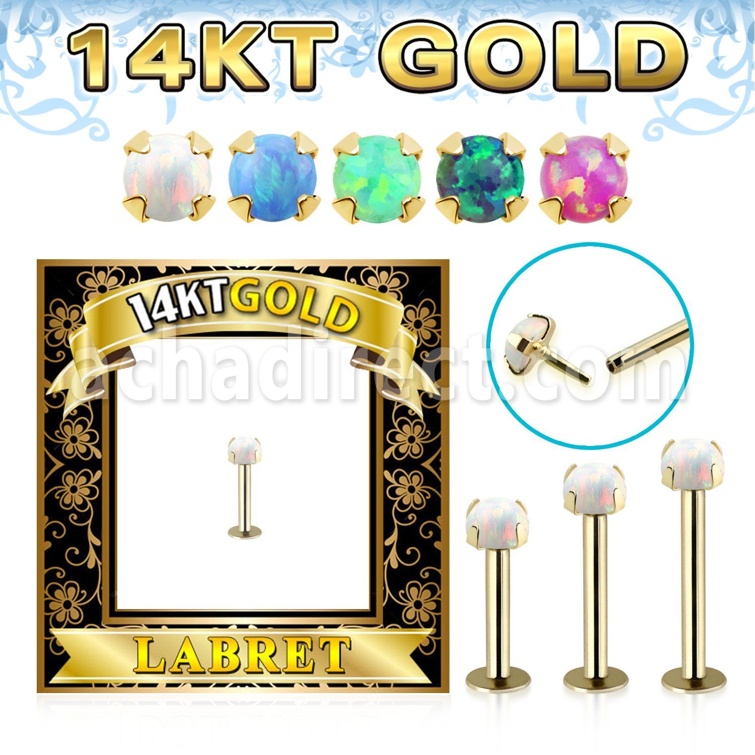 glbo 14k gold labret w thread less top w synthetic opal