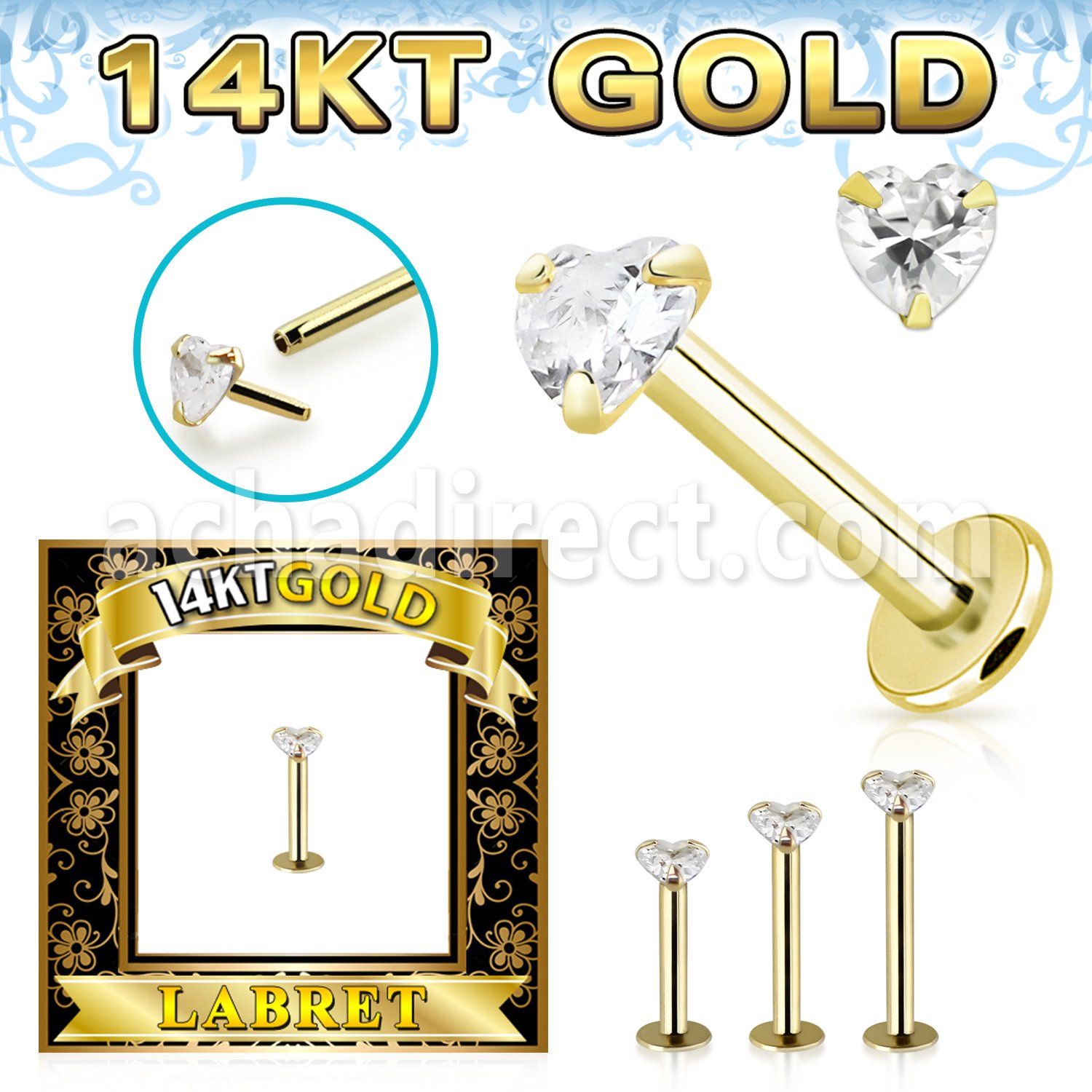 glbzh 14k gold labret 3mm prong set heart cubic zirconia (cz) stone