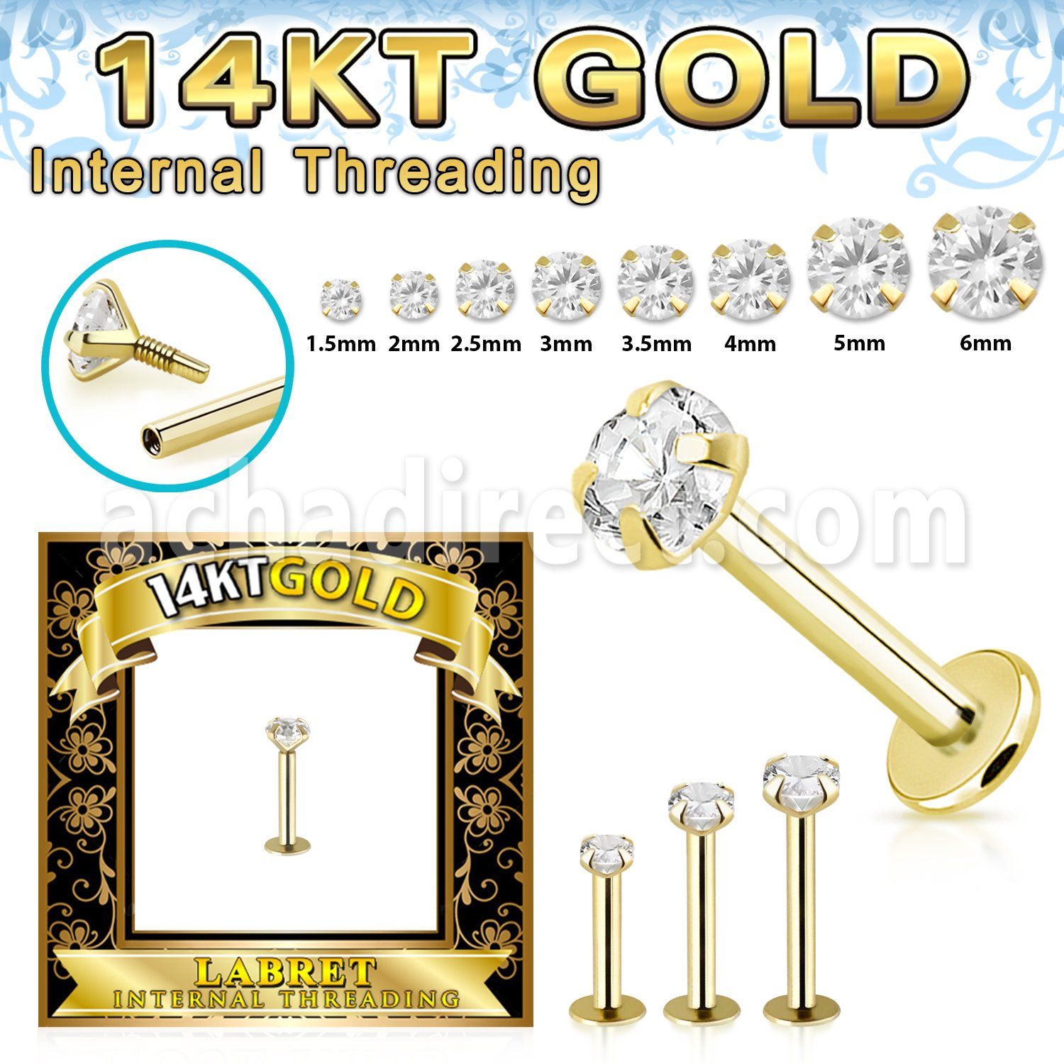 glbzi 14k gold labret prong set cz internal