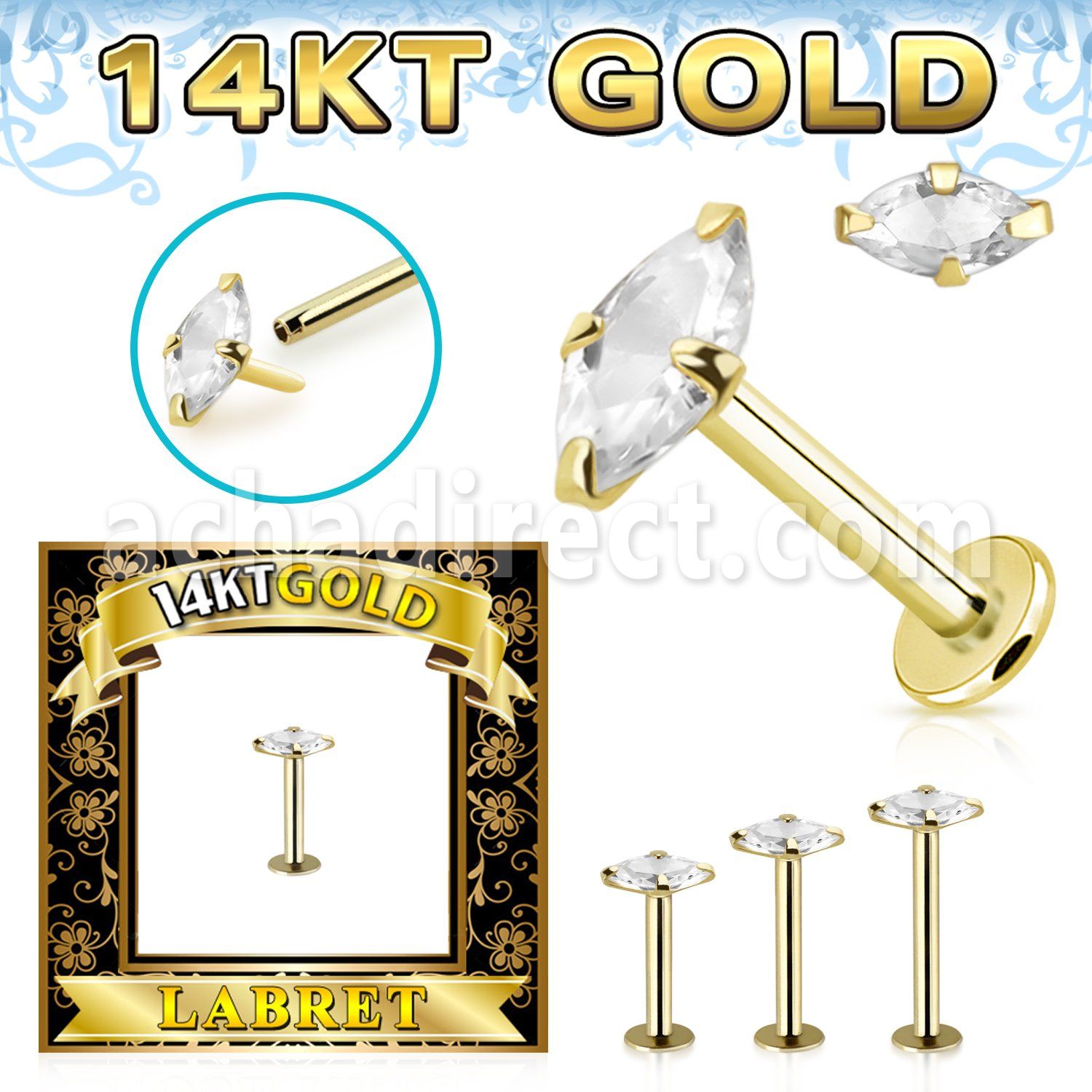 glbzmq 14k gold labret prong set cz stone marquise