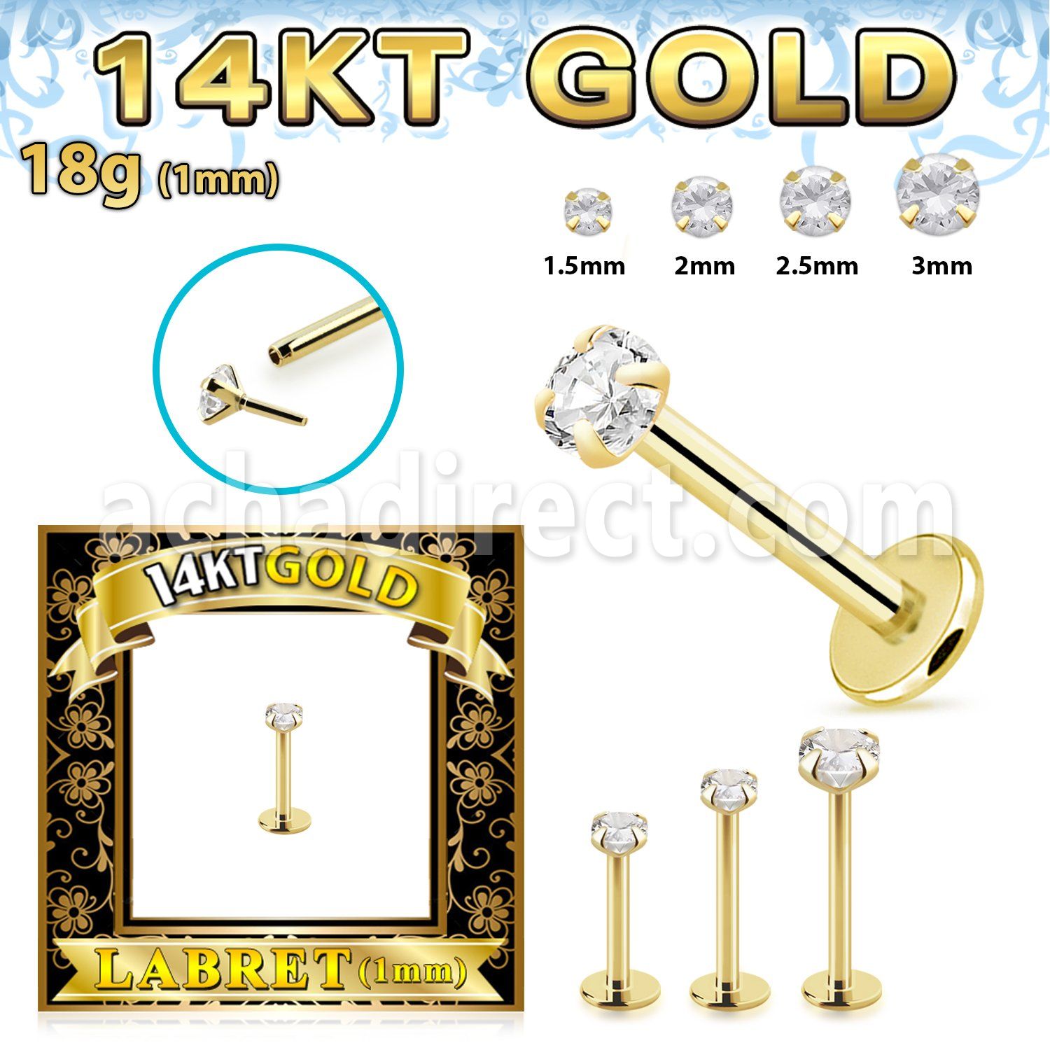 glbzx 14k gold labret round clear cz push pin prong