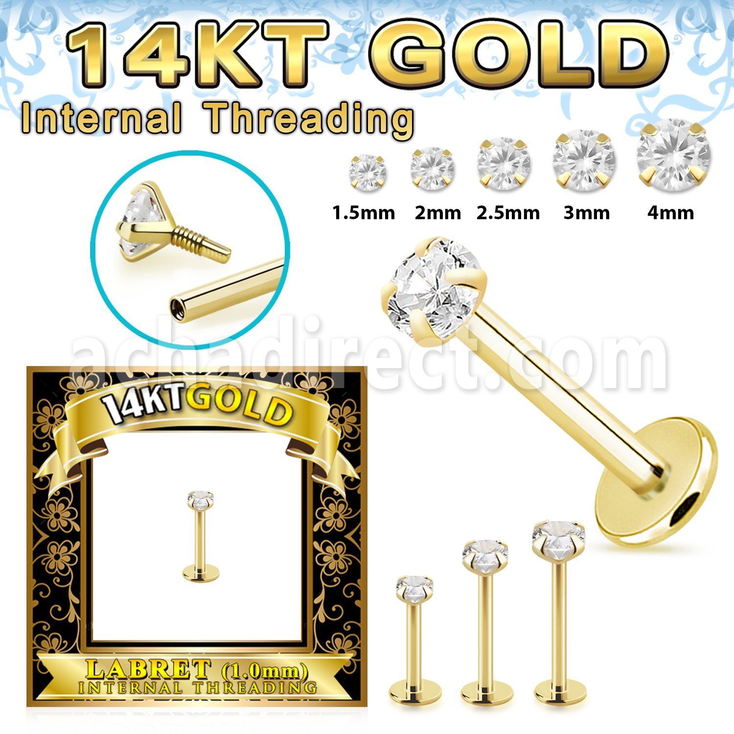 glbzxi 14k gold labret 1mm 18g prong set cz internal