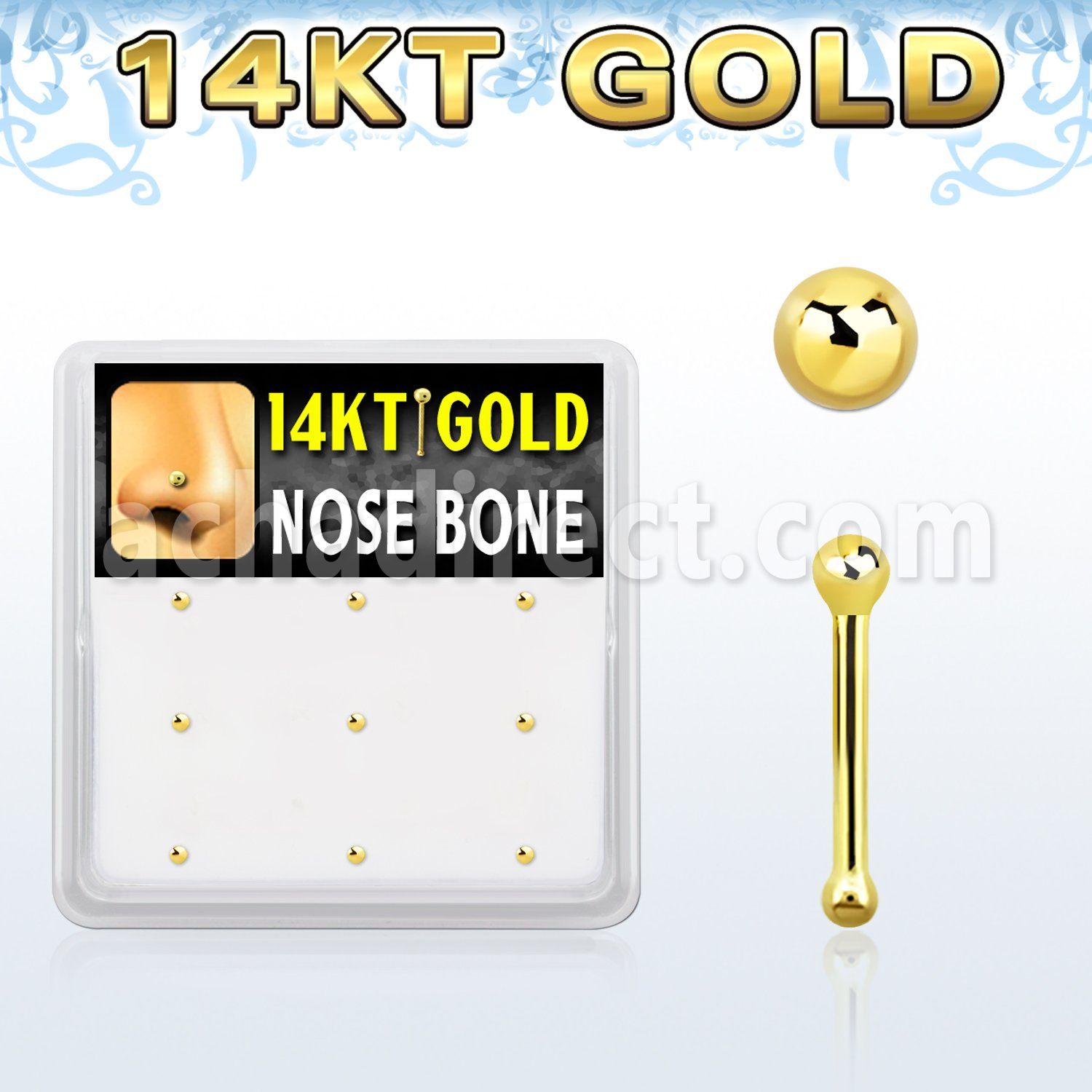 gnb3x box w 14kt gold nose bones, 20g w 1.5mm ball shaped top
