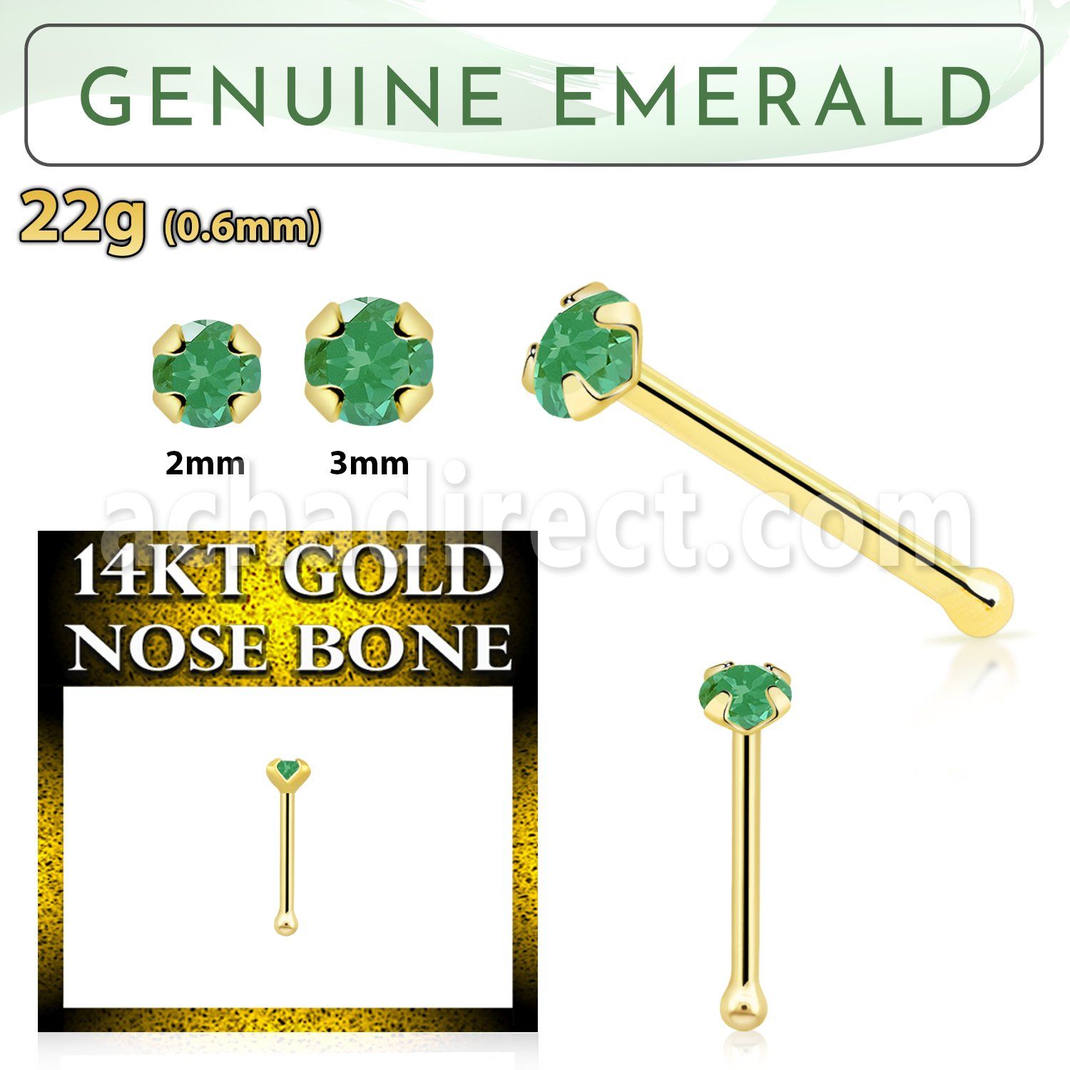 gnbge10 14kt gold nose bone with a 2mm prong set emerald