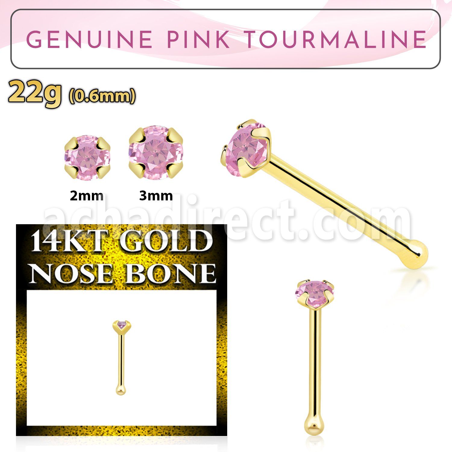 gnbge3 14kt gold nose bone with a 2mm prong set pink tourmaline