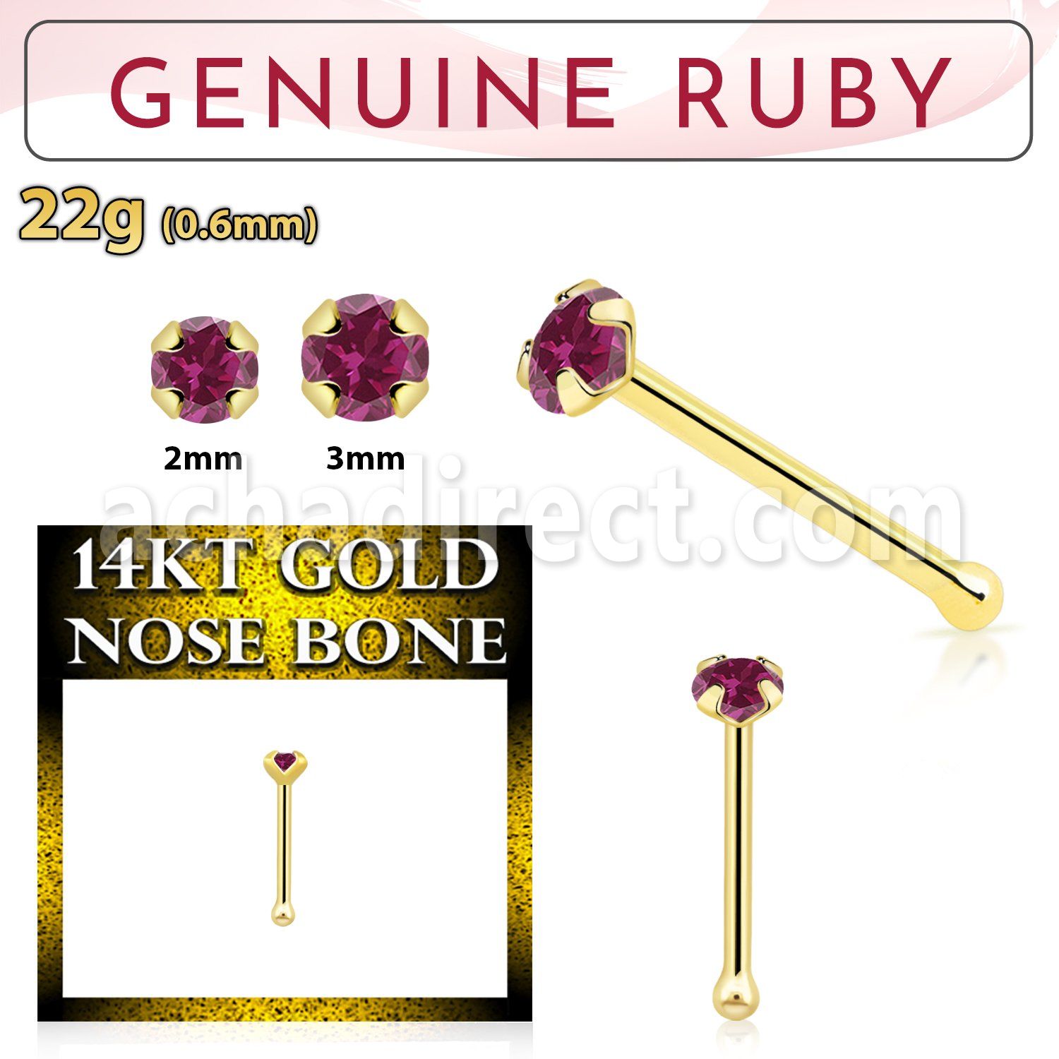 gnbge5 14kt gold nose bone with a 2mm prong set ruby stone