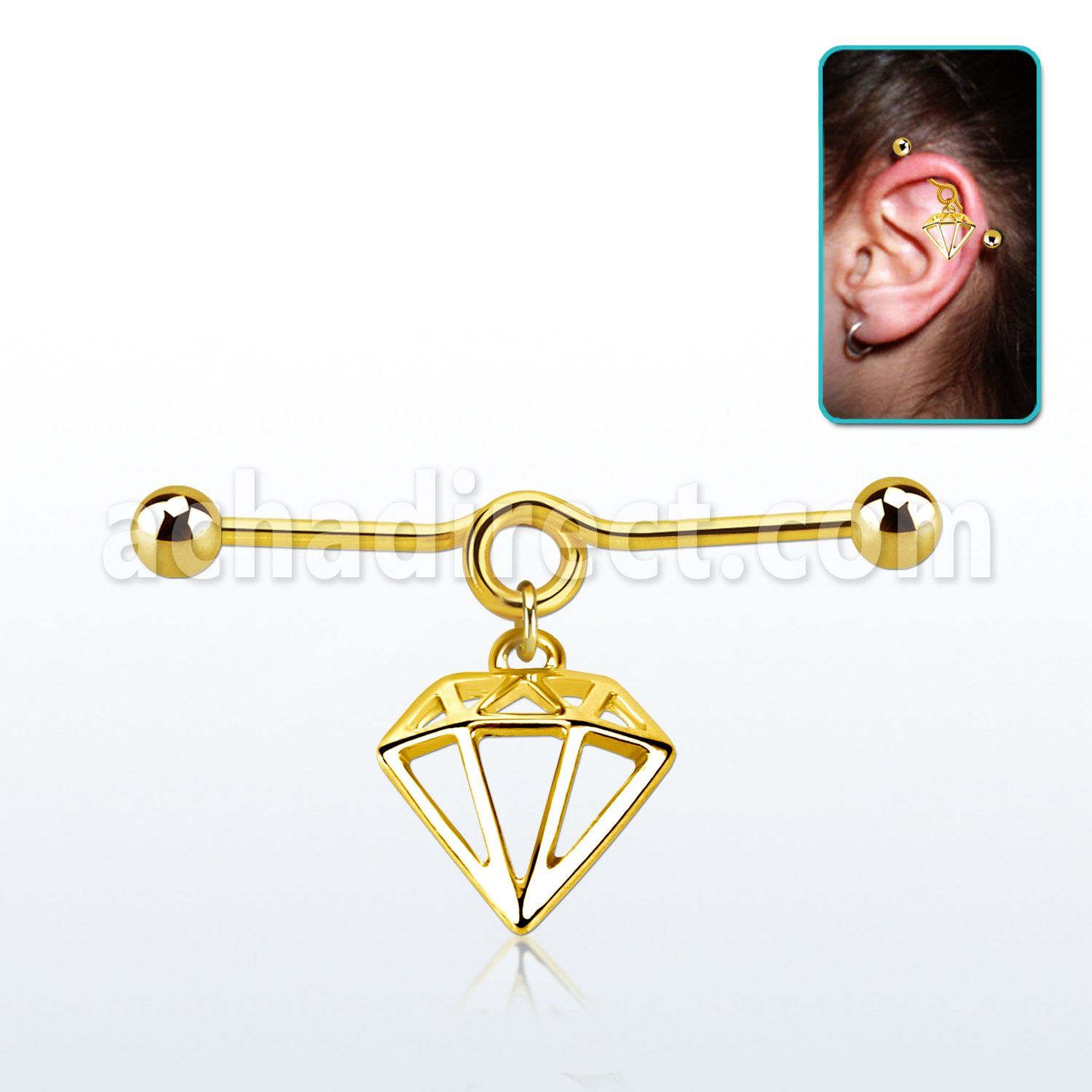 gold plated steel industrial loop barbell w diamond 