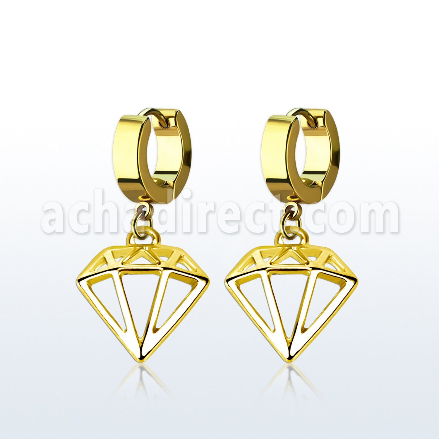 gold pvd plated steel huggies w diamond dangling 