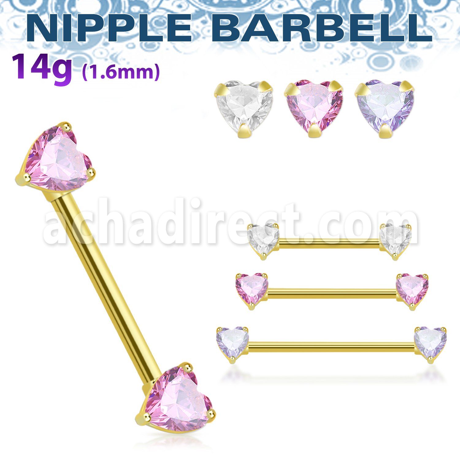 gold steel nipple barbell w prong set heart shaped czs