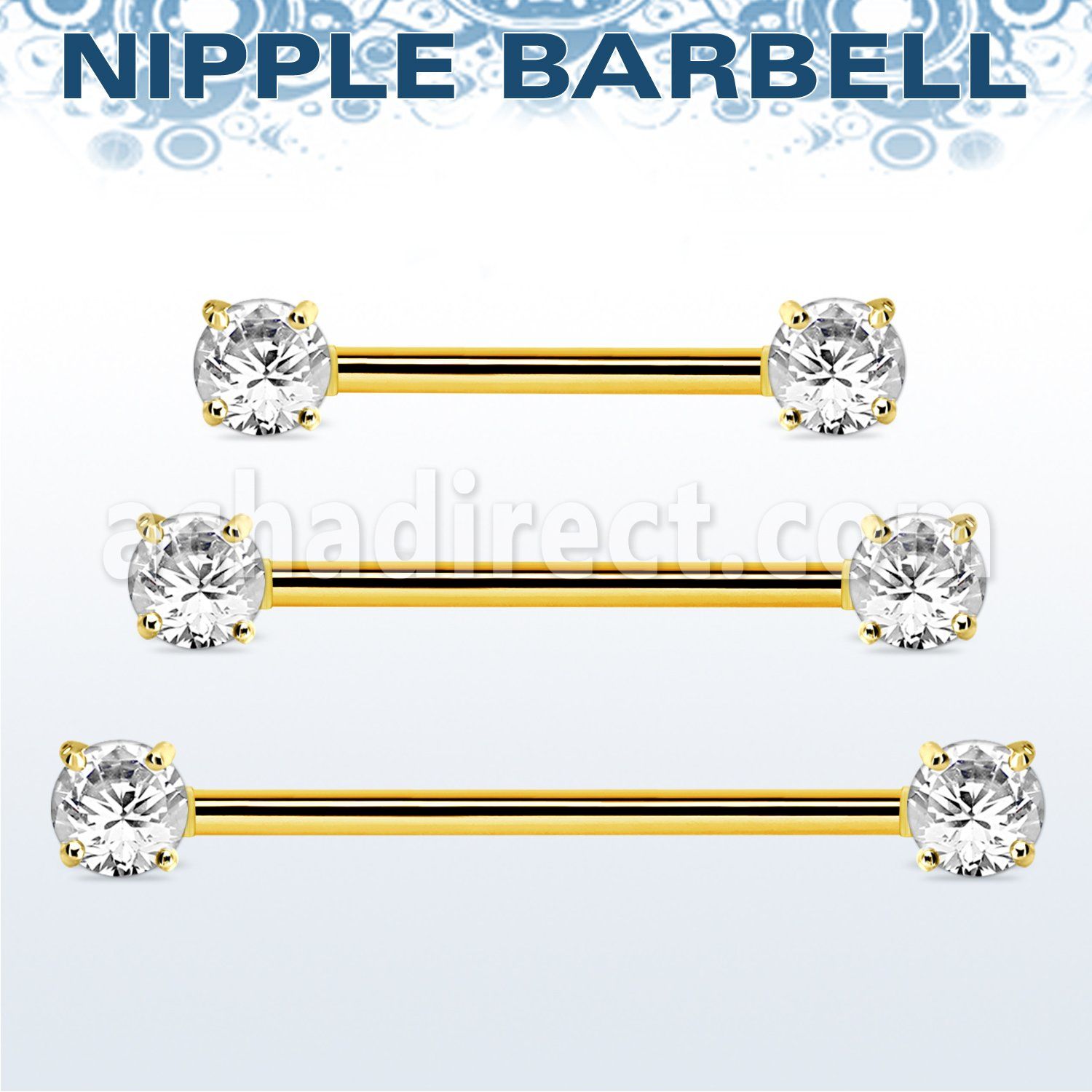 gold steel nipple barbell w prong set round czs