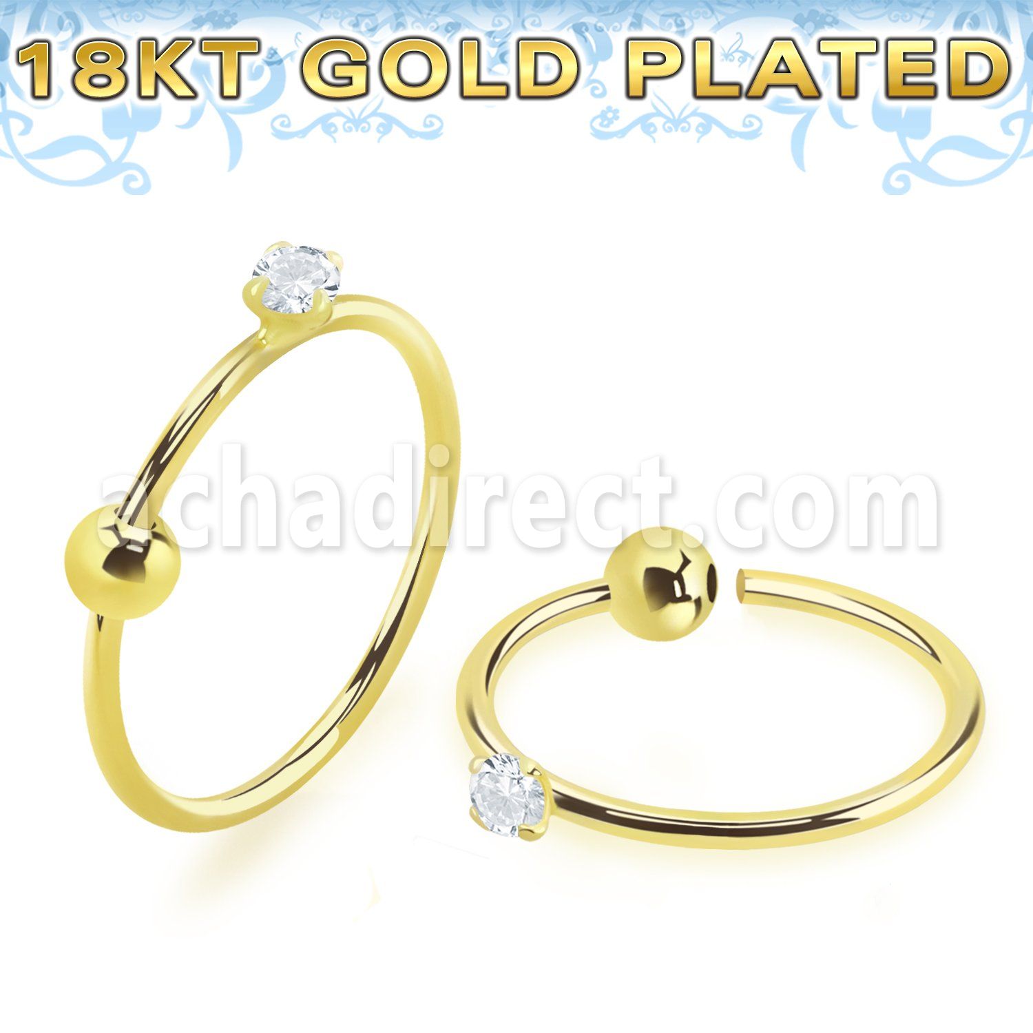 gpz15m gold plated 925 silver nose hoop w 1.5mm round cz