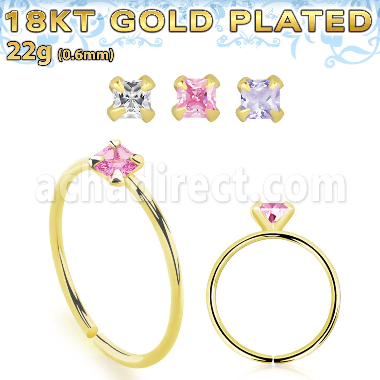 gpzqm22 18k plated silver seamless nose ring 22g square