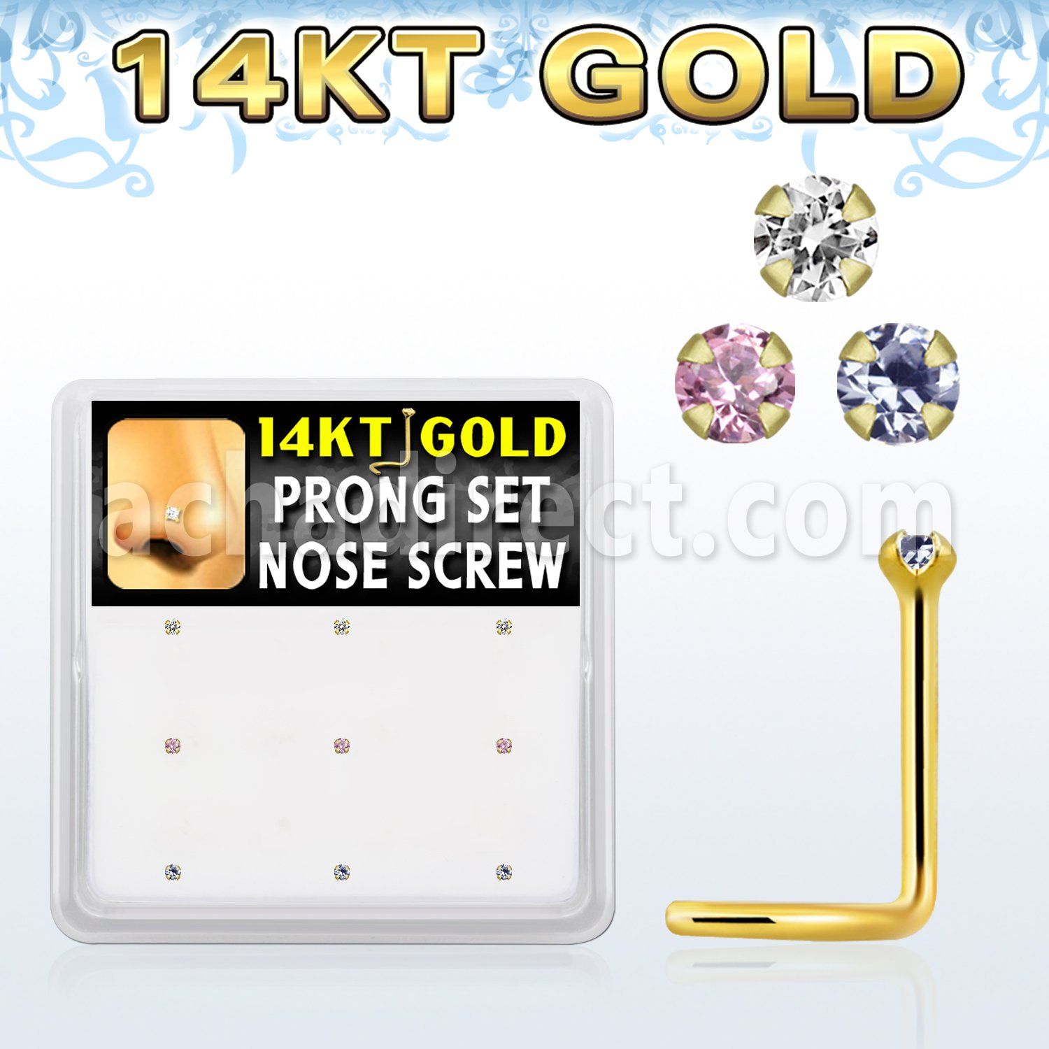 gsc1x box w 14kt gold nose screws, 20g w 1.5mm prong set cz