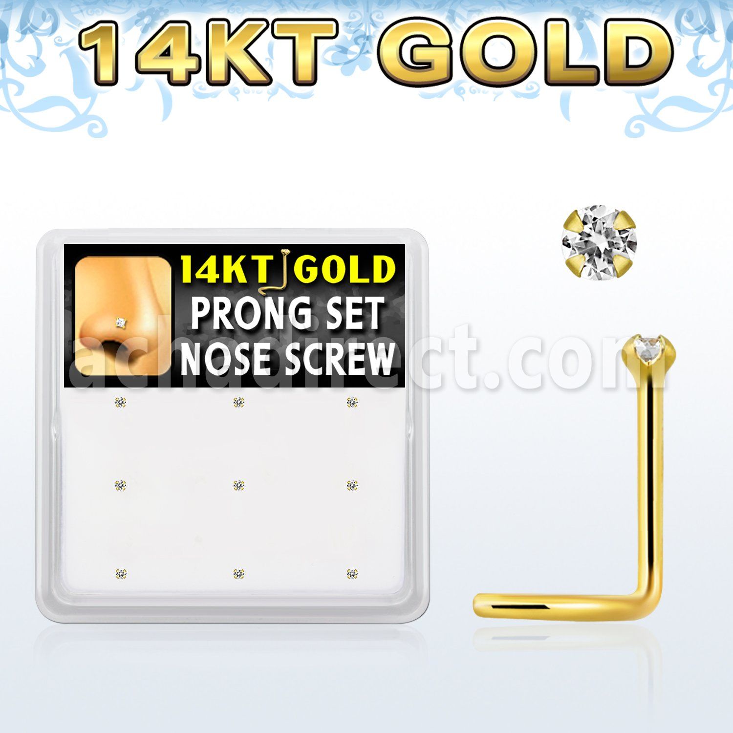 gsc2x box w 14kt gold nose screws, 20g w 1.5mm set clear cz 