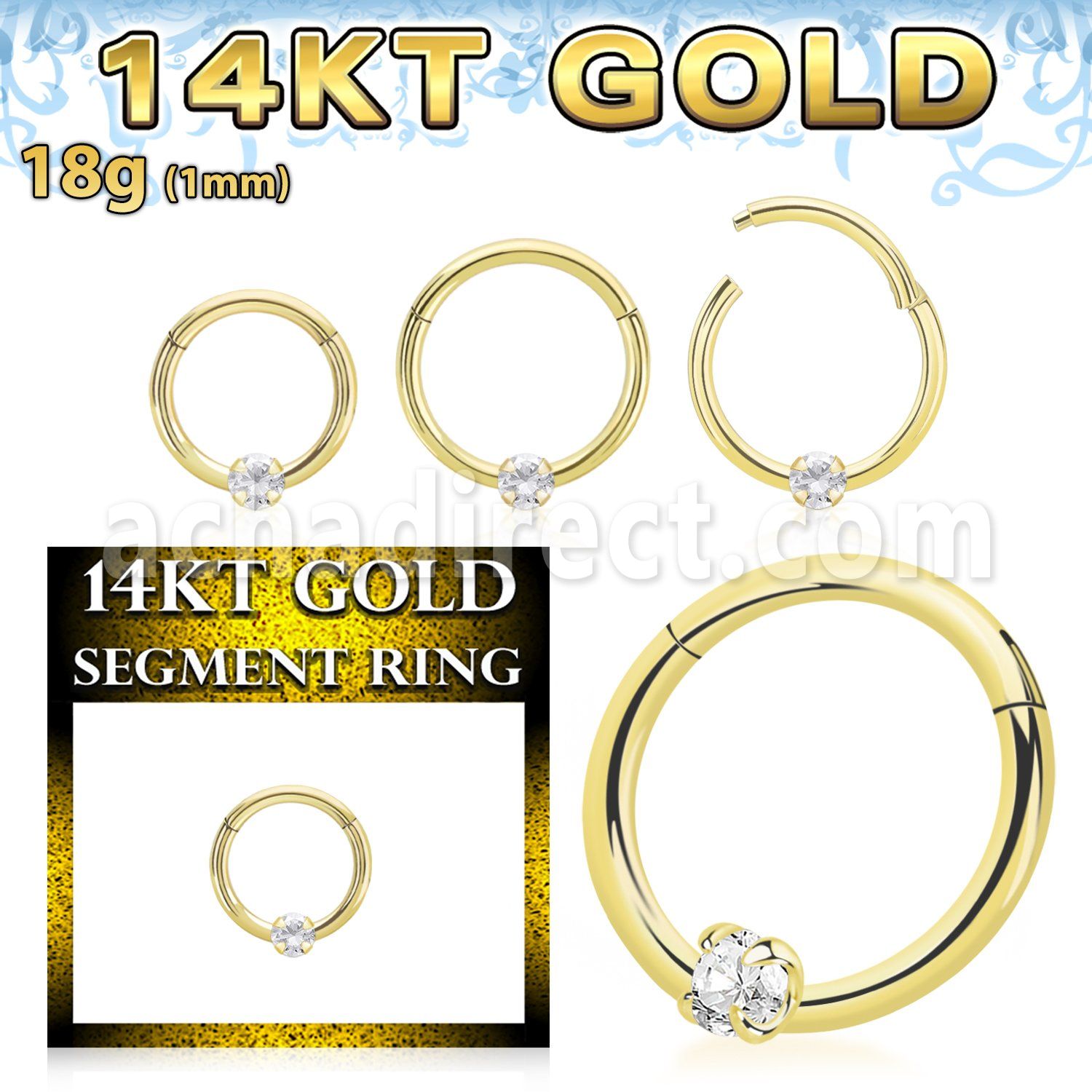 gsegh18z2 14k gold hinged segment ring 18g prong set cz