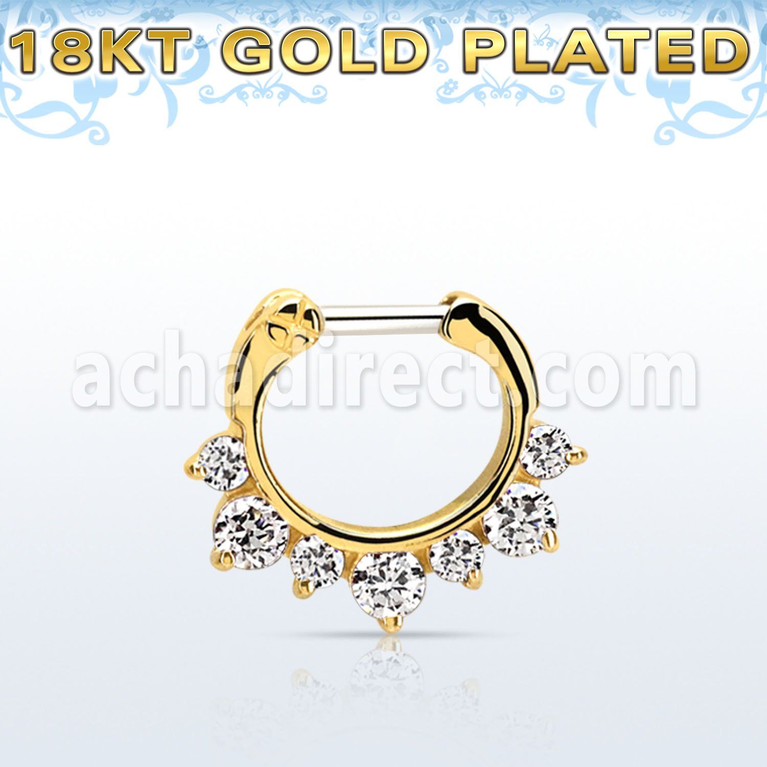 gseph14 gold plated silver septum clicker w 3 big + 4 smalls czs